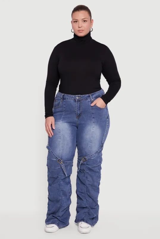 Plus Size High Waisted Wide Leg Stacked Jeans with Buckles sold by Rainbow
