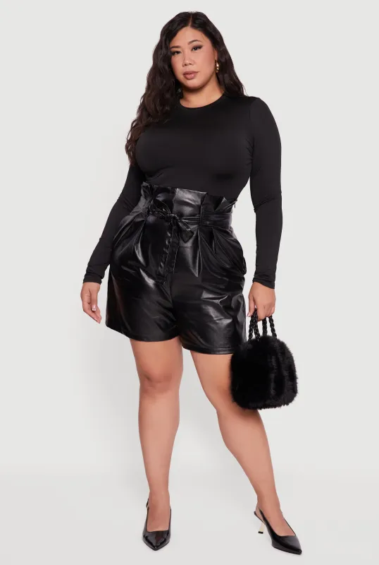 Plus Size Faux Leather Paper Bag Waist Shorts with Tie Waist Belt made by Rainbow