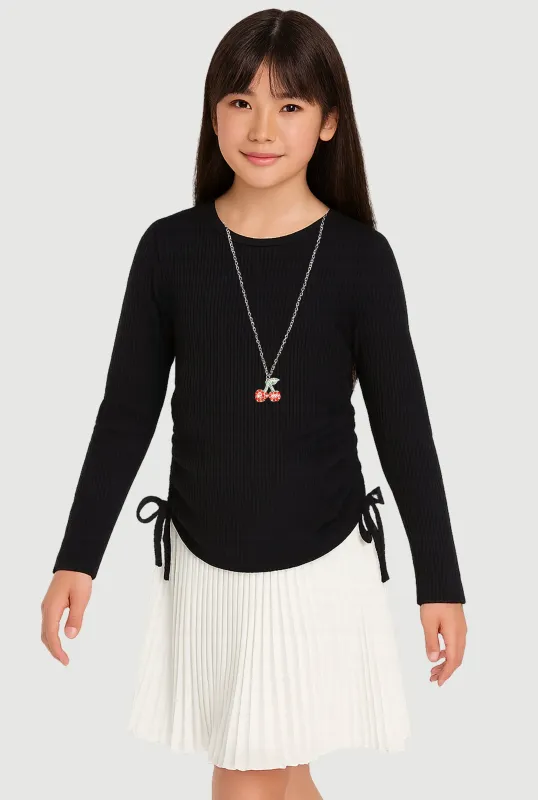 Girls Ribbed Knit Long Sleeve Top with Cherry Necklace sold by Rainbow