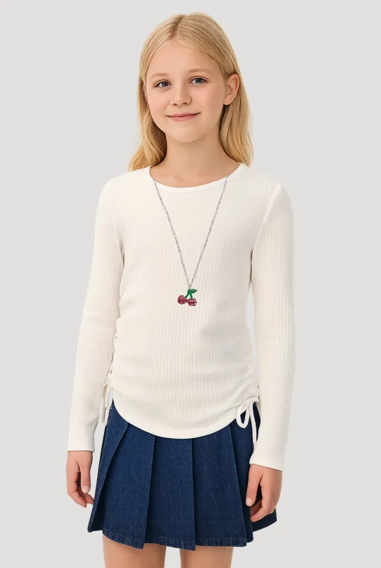 Girls Ribbed Knit Long Sleeve Top with Cherry Necklace sold by Rainbow