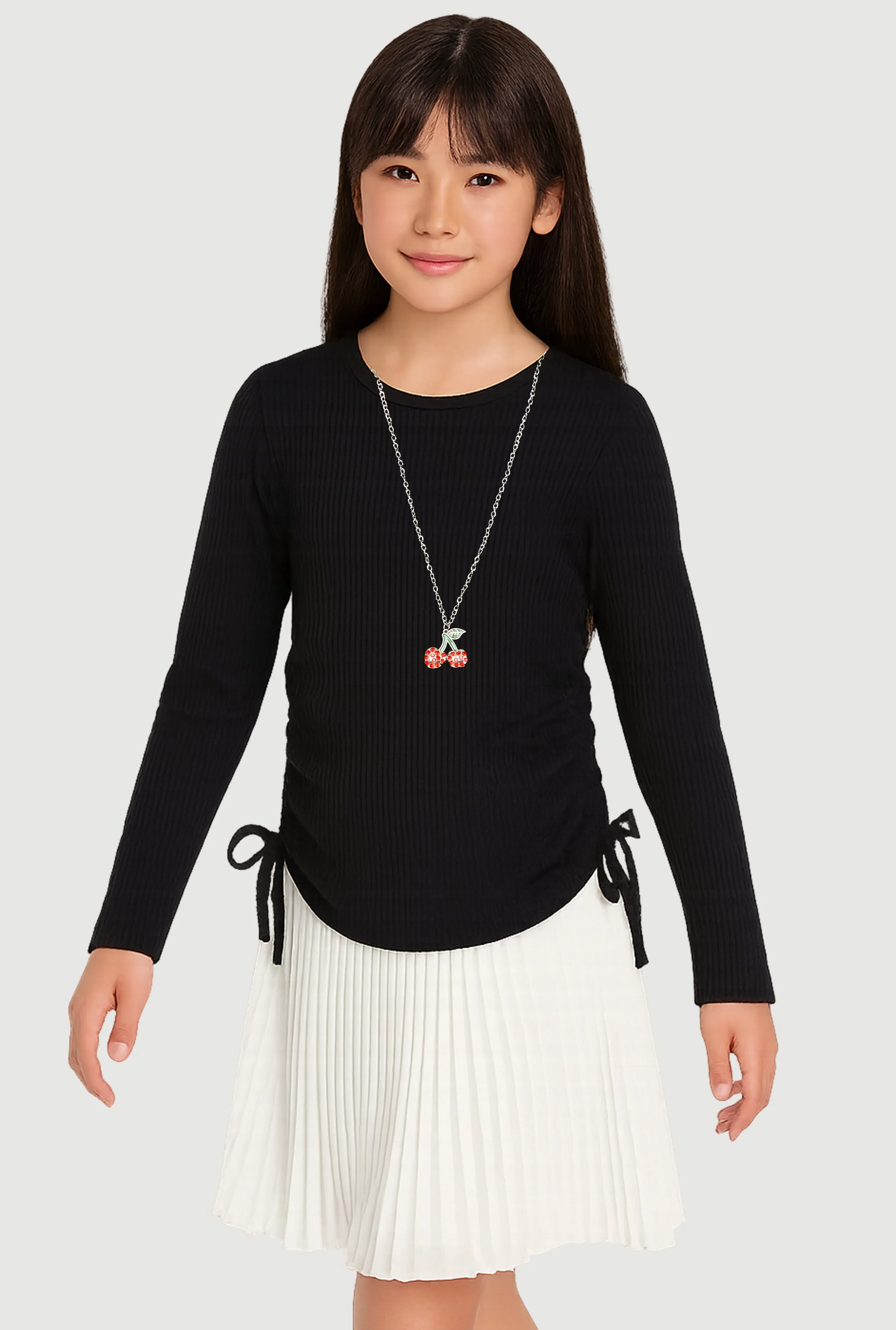 Girls Ribbed Knit Long Sleeve Top with Cherry Necklace sold by Rainbow product image thumbnail 2