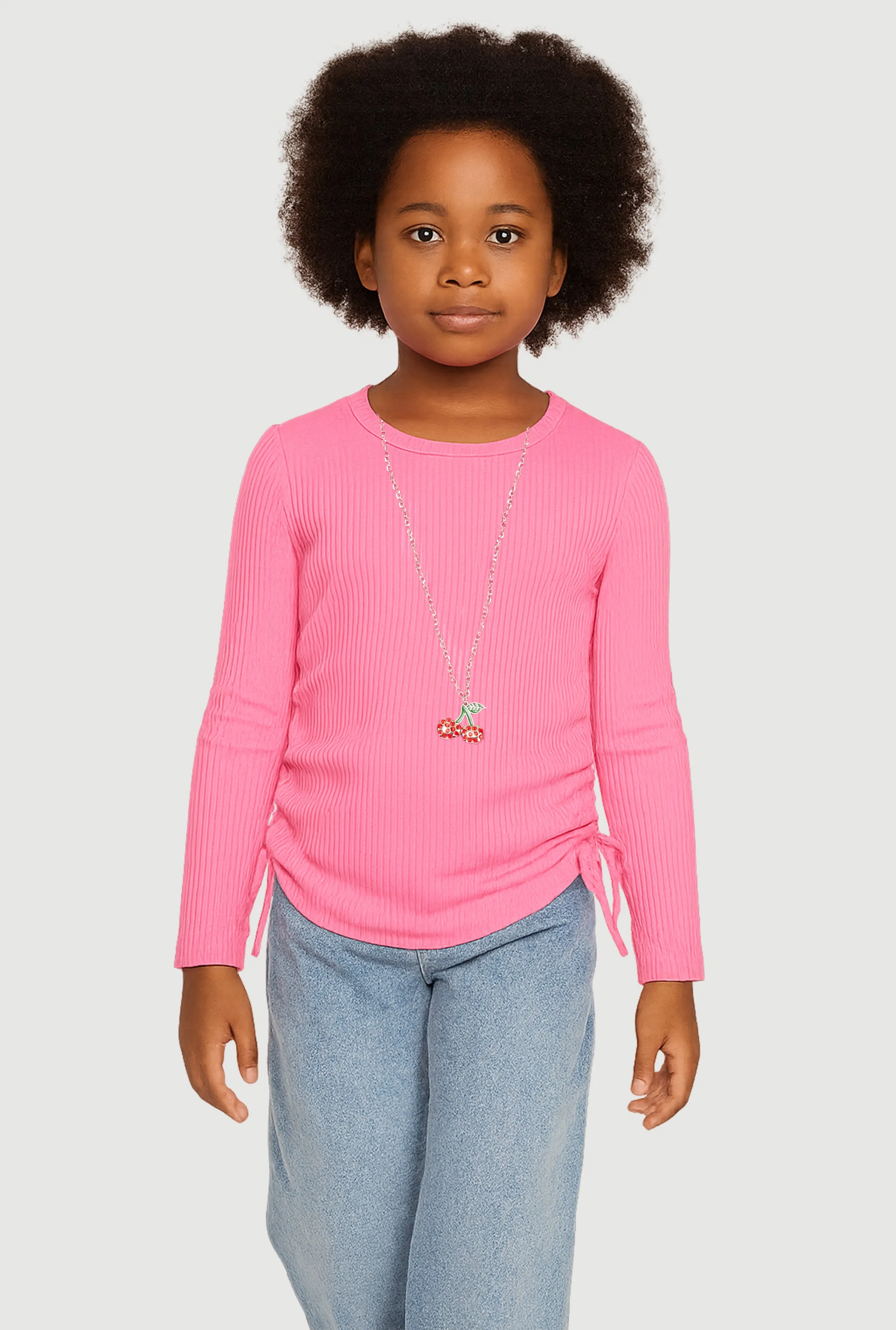 Little Girls Ribbed Knit Top with Removable Cherry Necklace sold by Rainbow