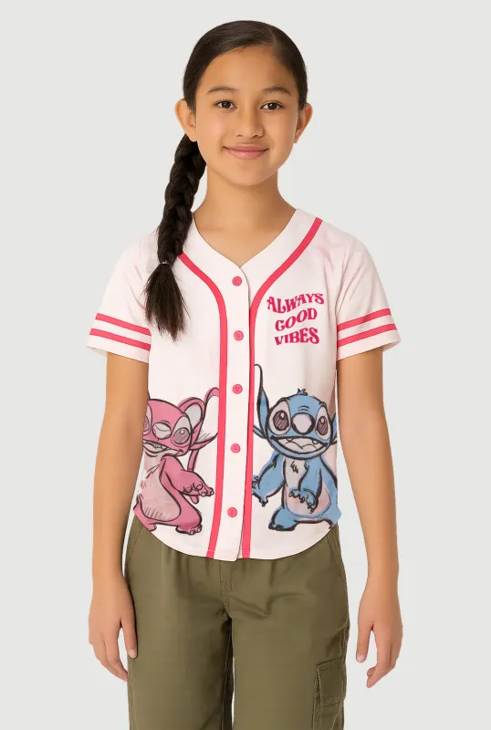 Girls Stitch and Angel Always Good Vibes Baseball Jersey made by Rainbow