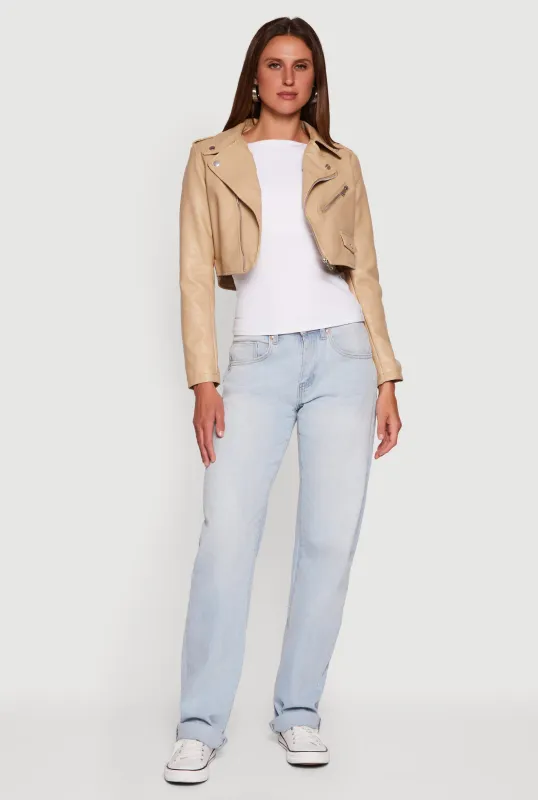 Faux Leather Long Sleeve Cropped Moto Jacket sold by Rainbow