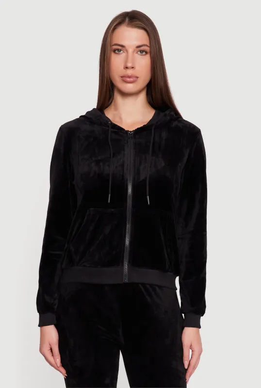 Velour Zip Front Drawstring Hoodie sold by Rainbow