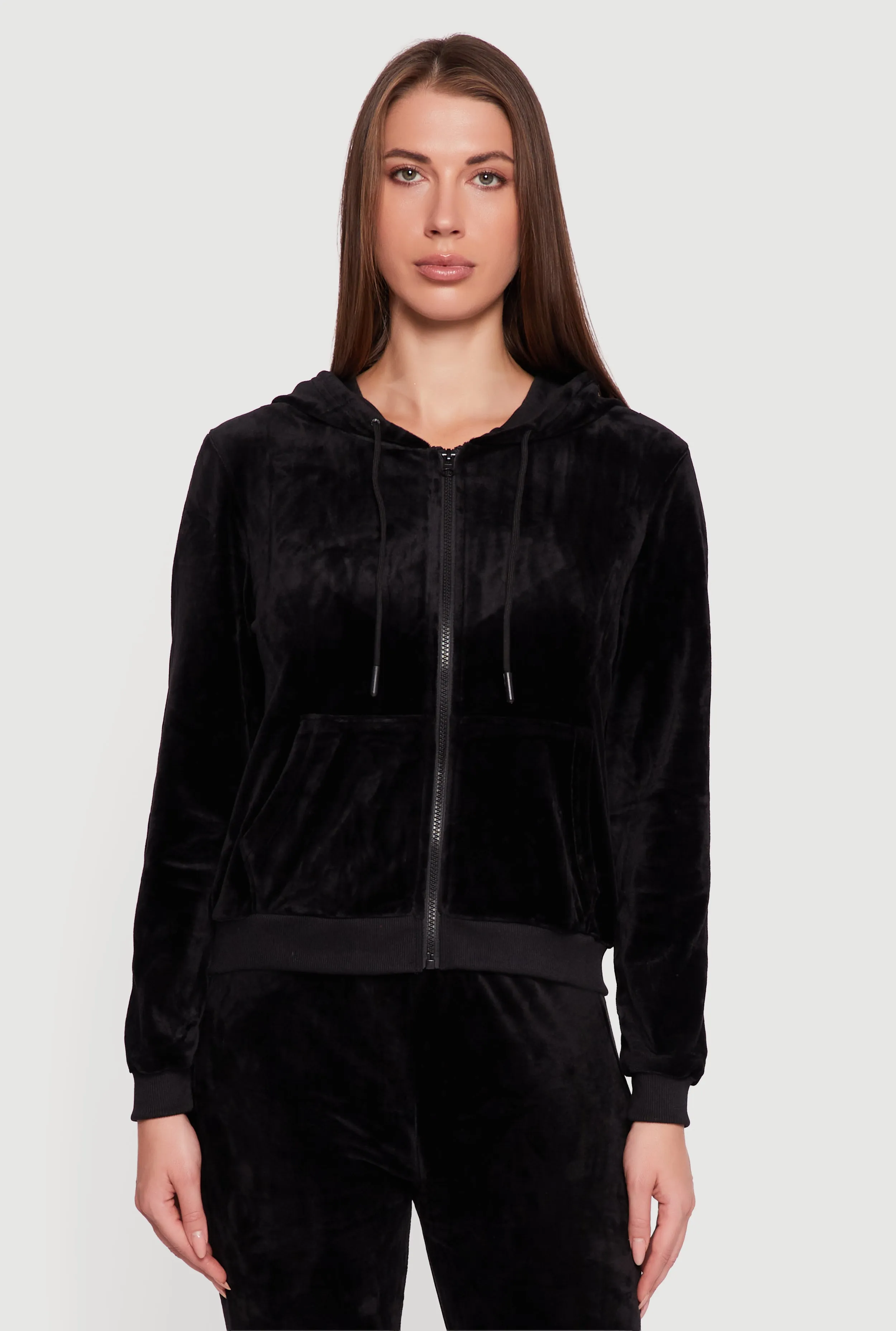 Velour Zip Front Drawstring Hoodie sold by Rainbow