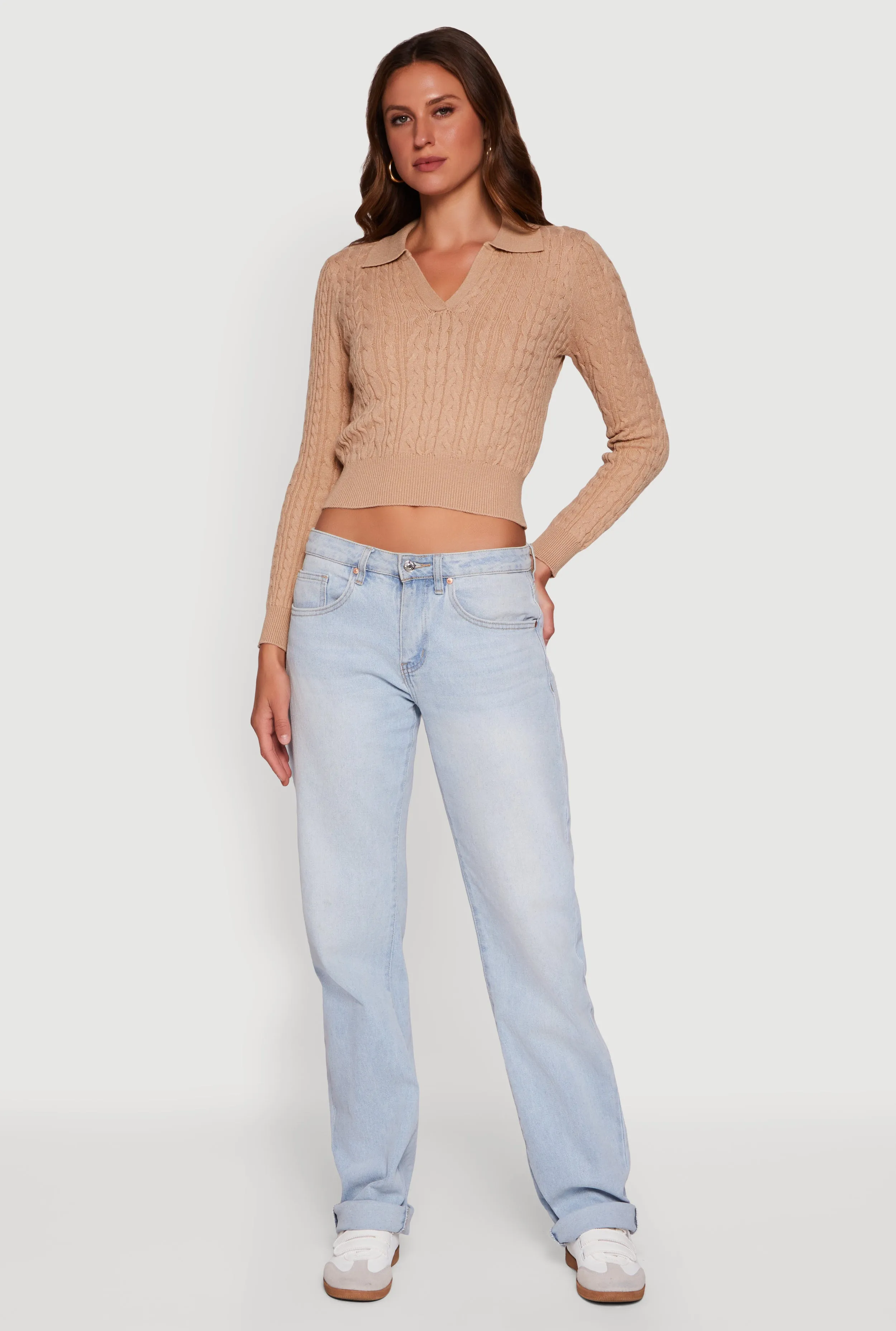 Long Sleeve Cable Knit Polo Sweater sold by Rainbow