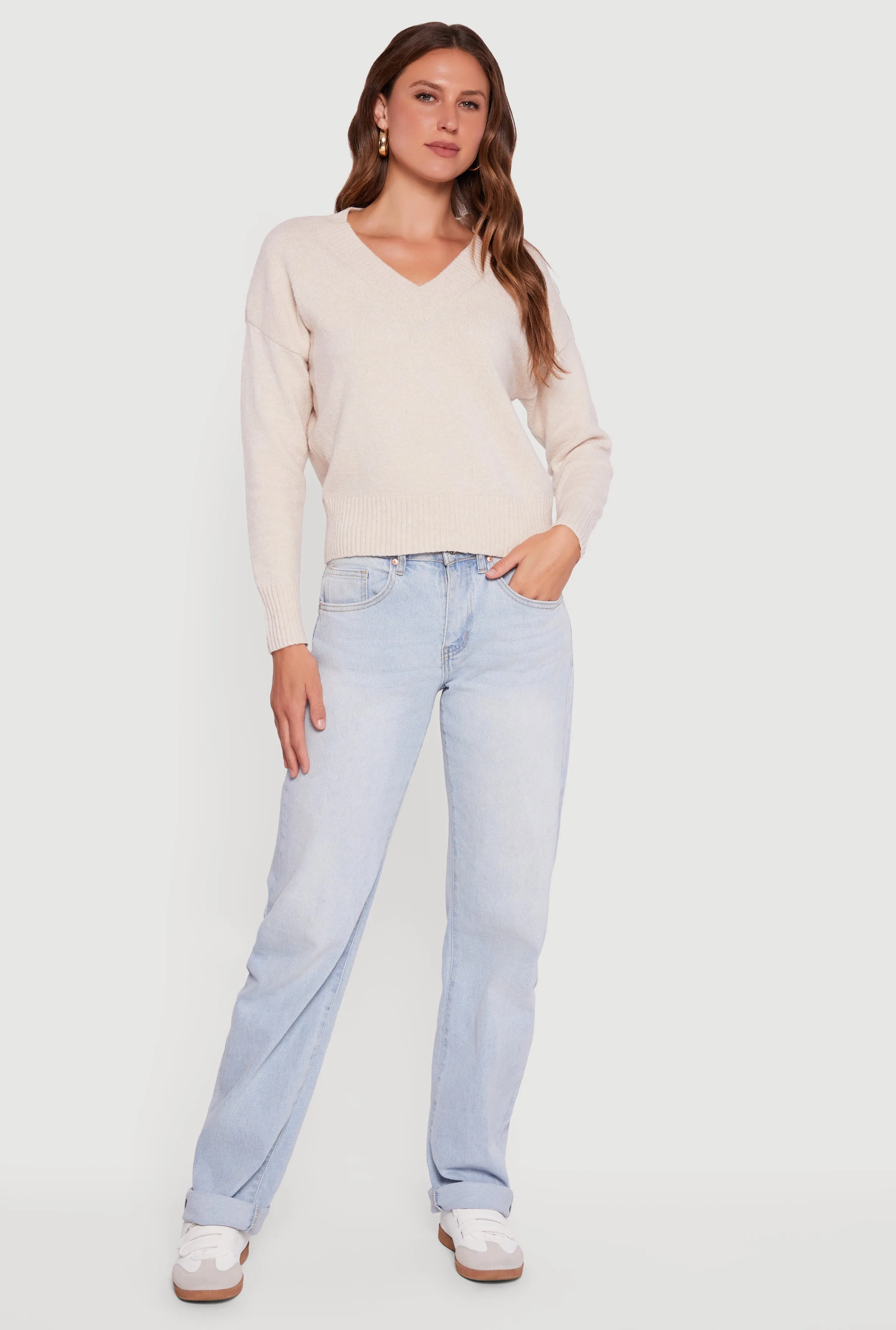 Brushed Knit Long Sleeve V-Neck Sweater sold by Rainbow