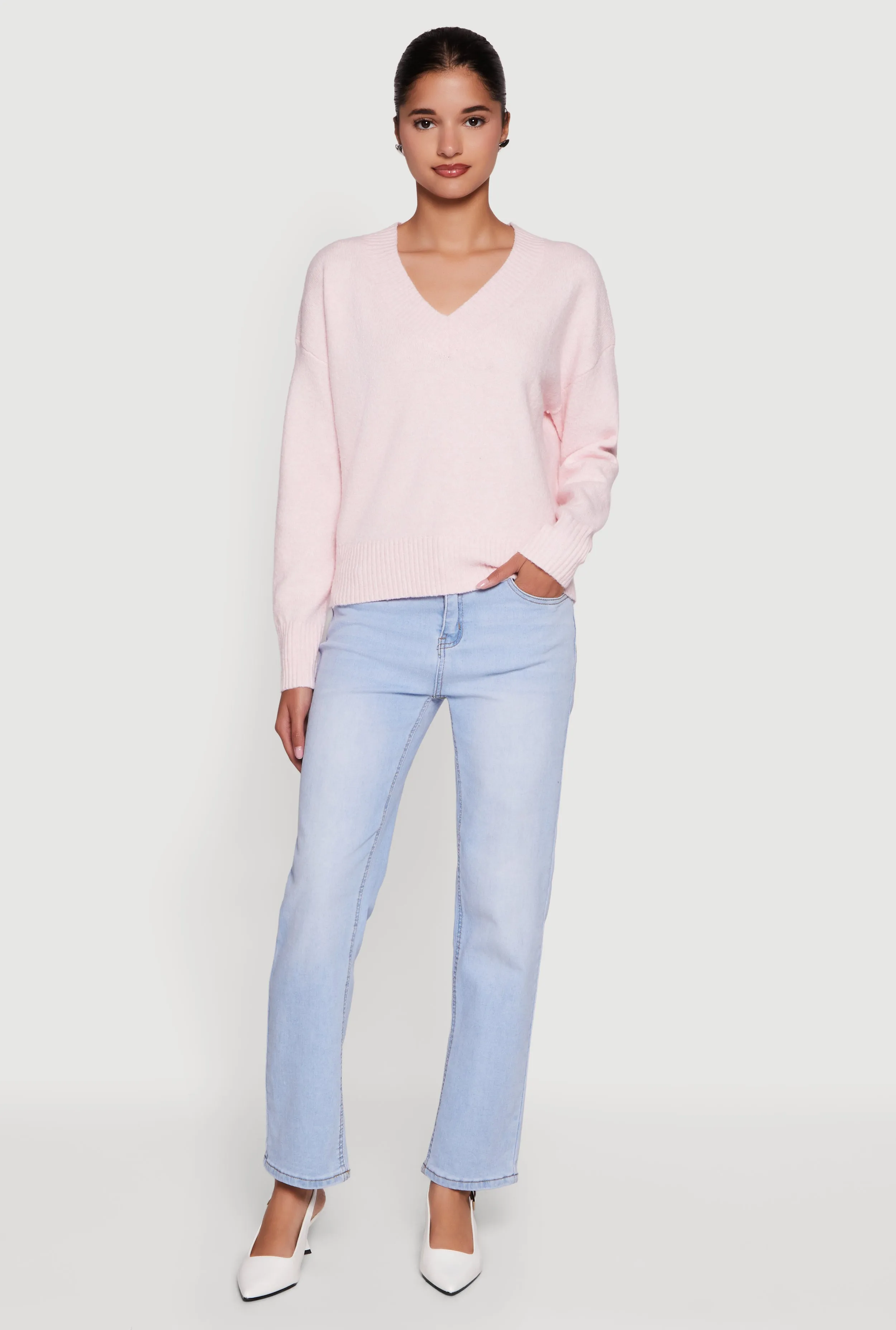 Brushed Knit Long Sleeve V-Neck Sweater sold by Rainbow