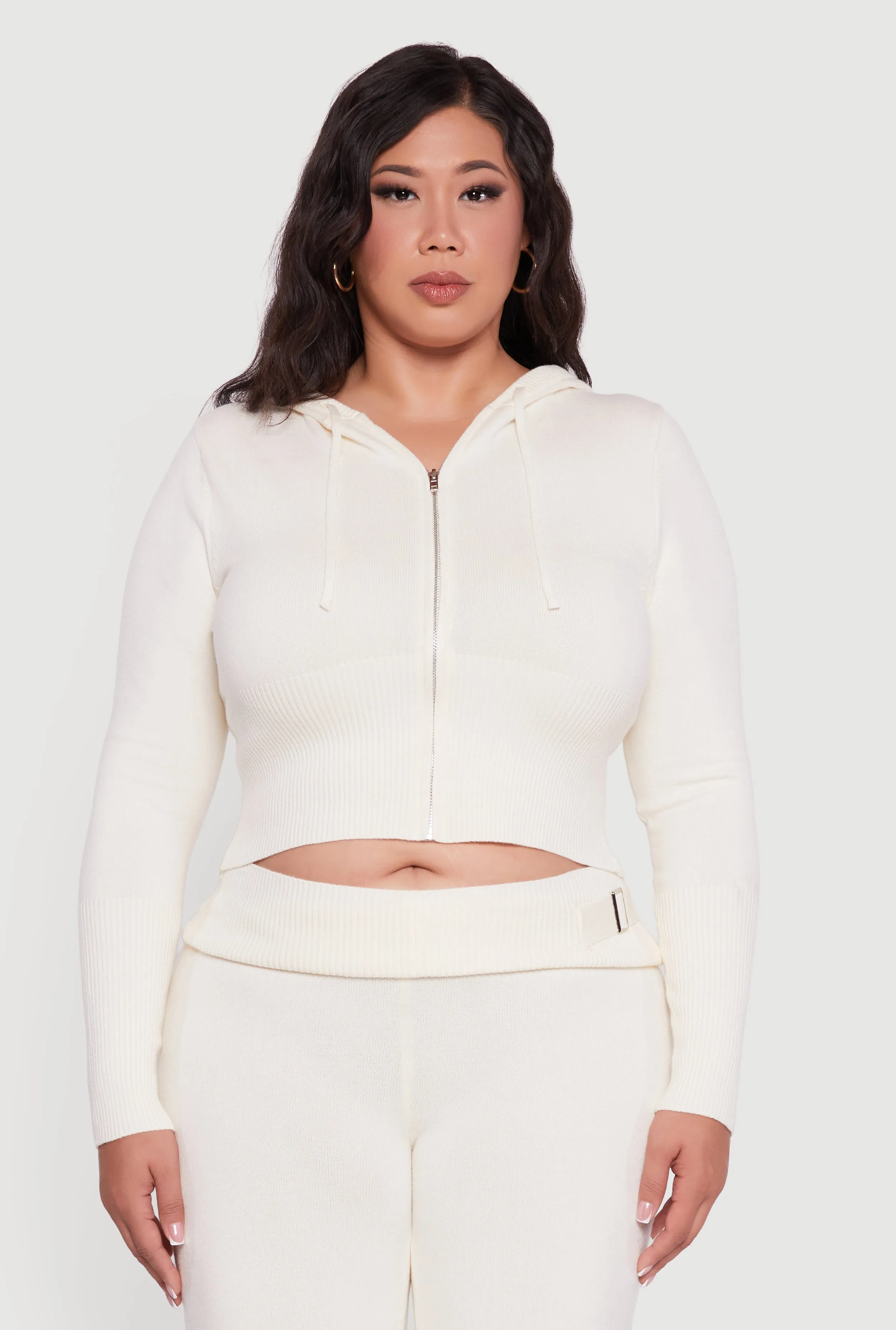 Plus Size Rib Knit Cropped Zip Front Hoodie sold by Rainbow product image thumbnail 5