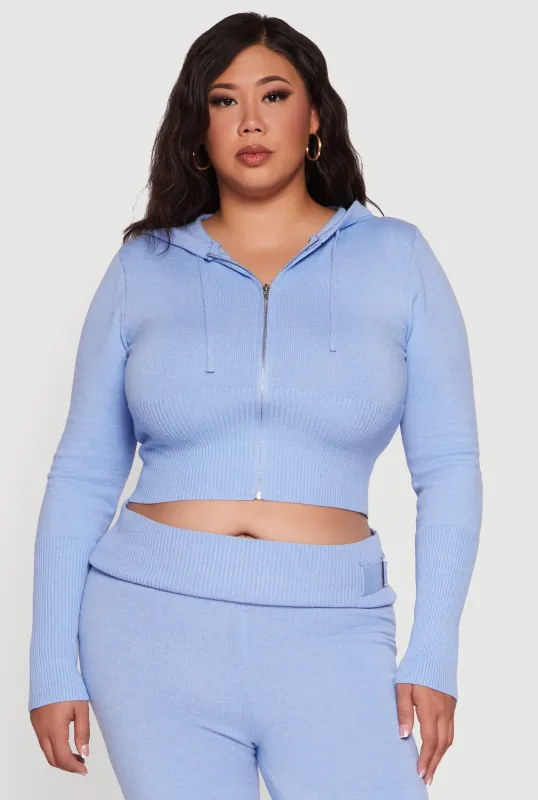 Plus Size Rib Knit Cropped Zip Front Hoodie sold by Rainbow