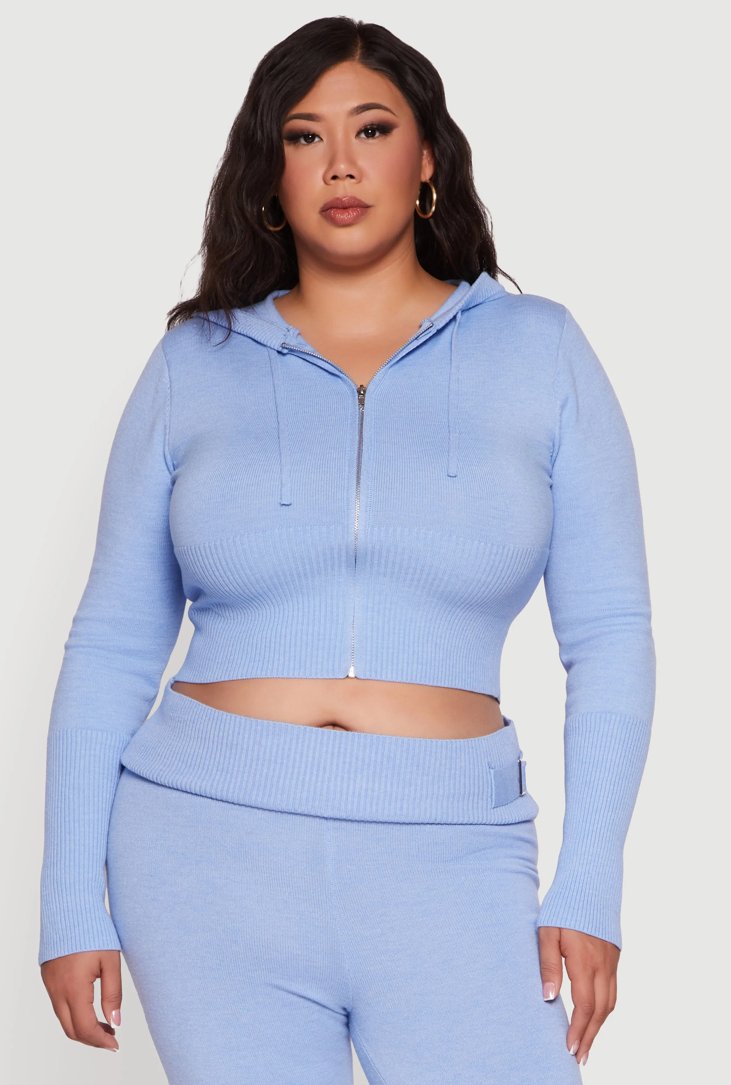 Plus Size Rib Knit Cropped Zip Front Hoodie sold by Rainbow