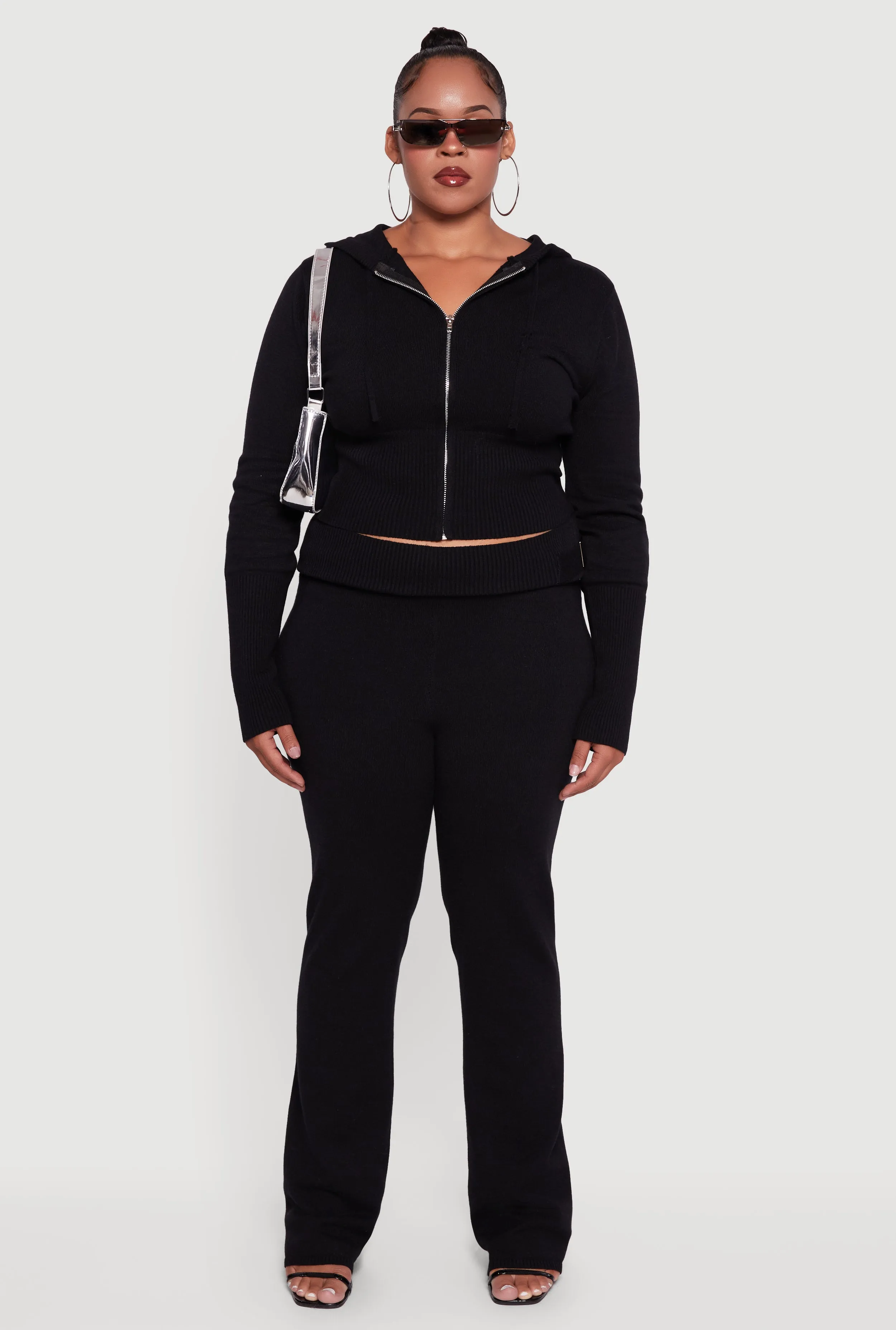 Plus Size Rib Knit Cropped Zip Front Hoodie sold by Rainbow product image thumbnail 3