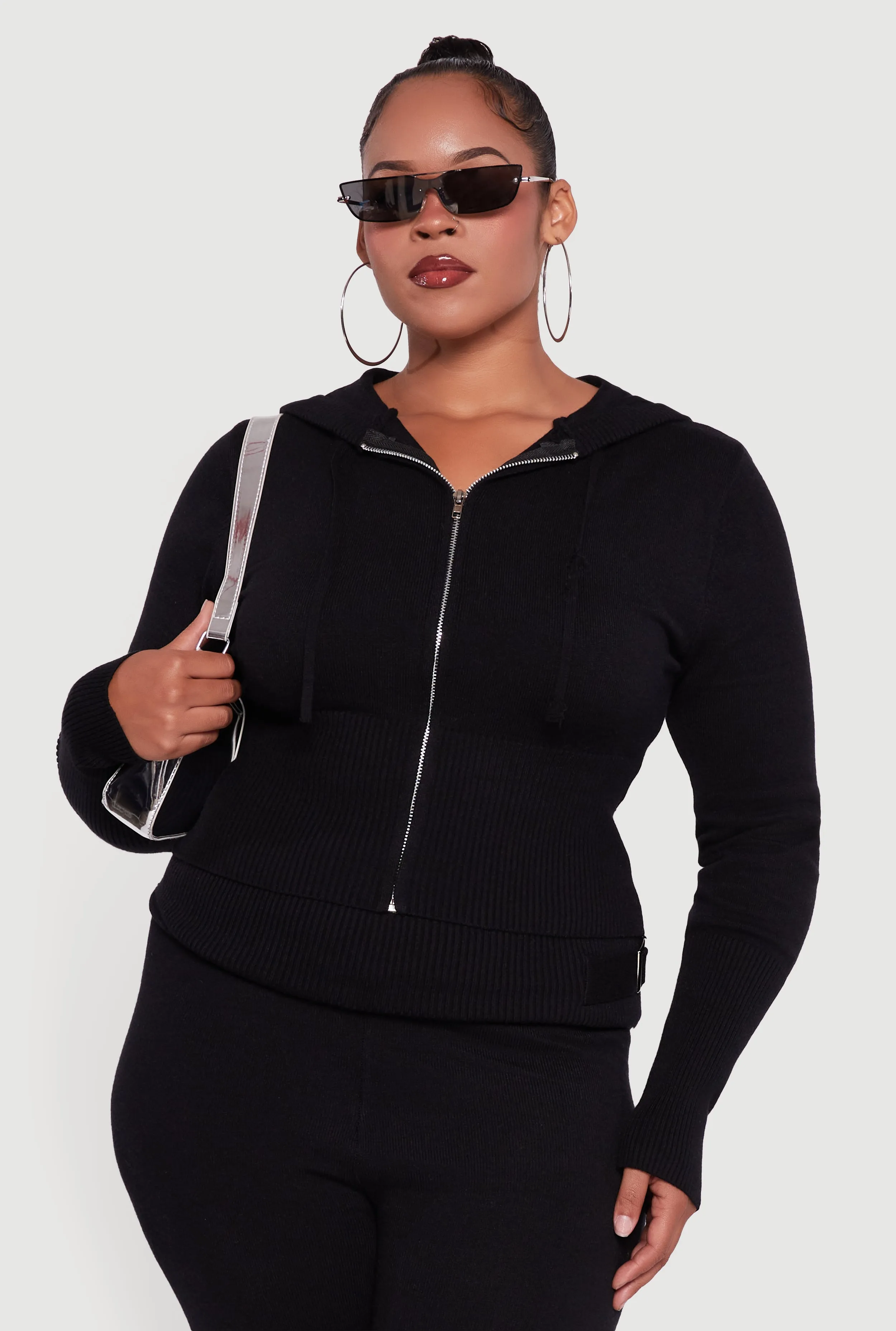 Plus Size Rib Knit Cropped Zip Front Hoodie sold by Rainbow