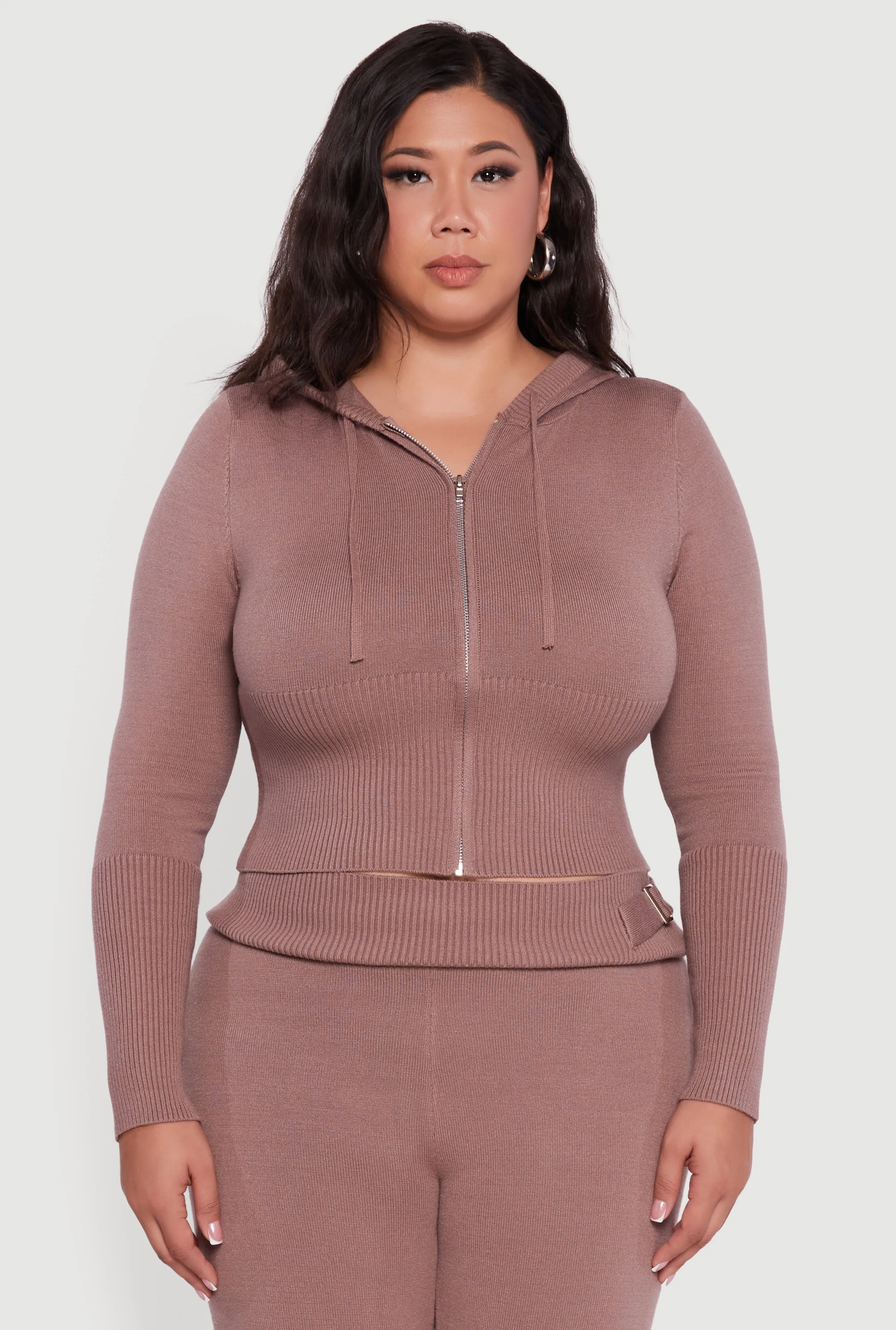 Plus Size Rib Knit Cropped Zip Front Hoodie sold by Rainbow