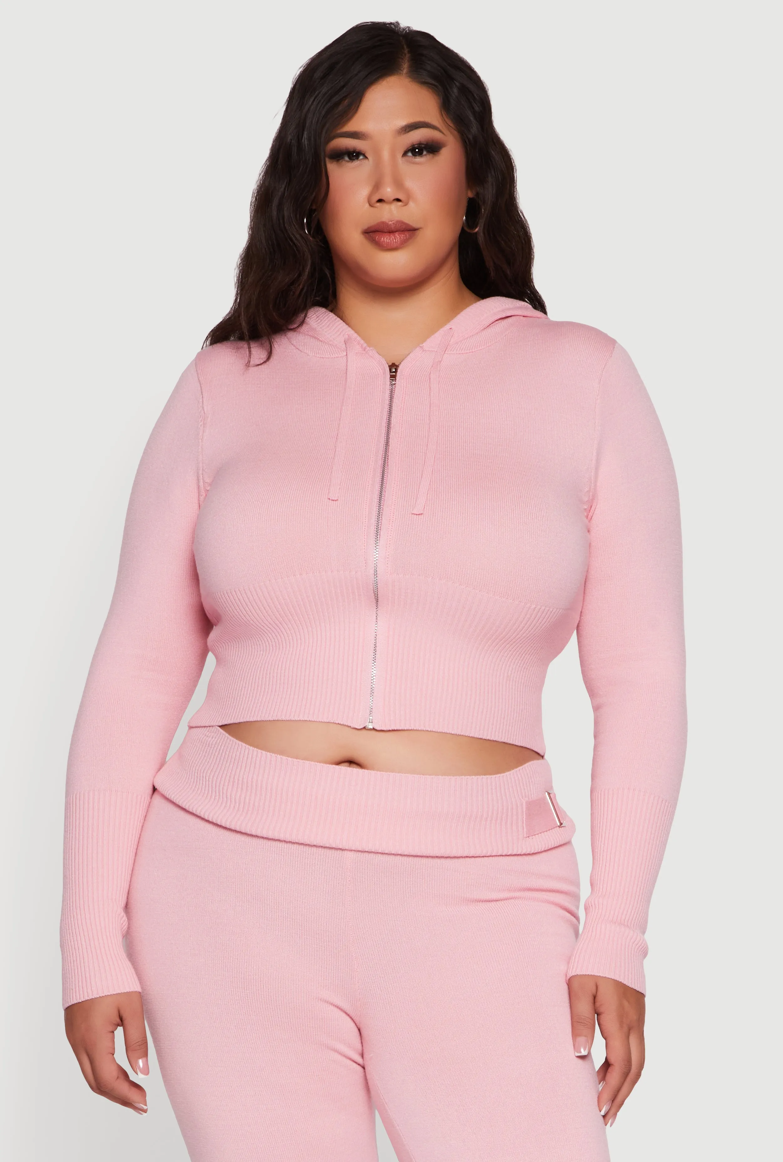 Plus Size Rib Knit Cropped Zip Front Hoodie sold by Rainbow