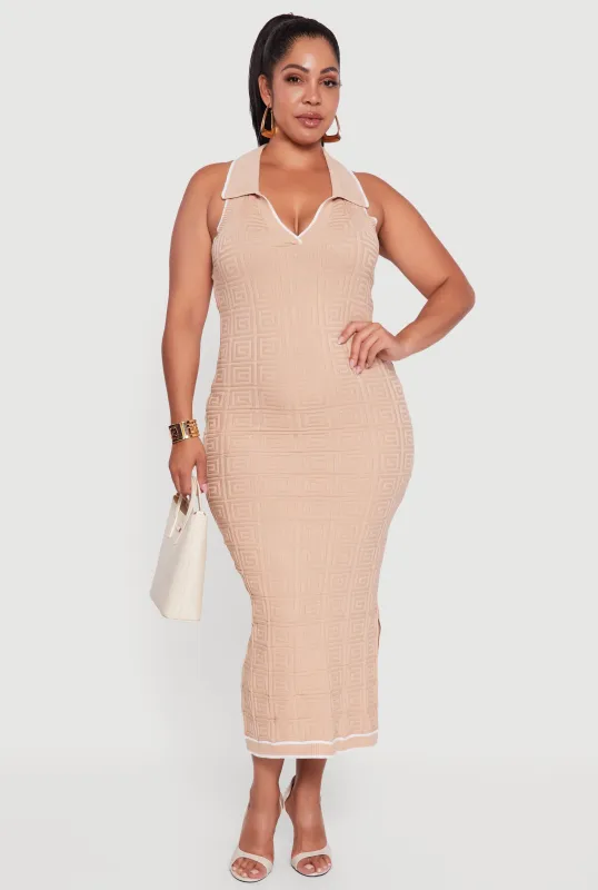 Plus Size Contrast Trim Greek Key Patterned Midi Dress made by Rainbow