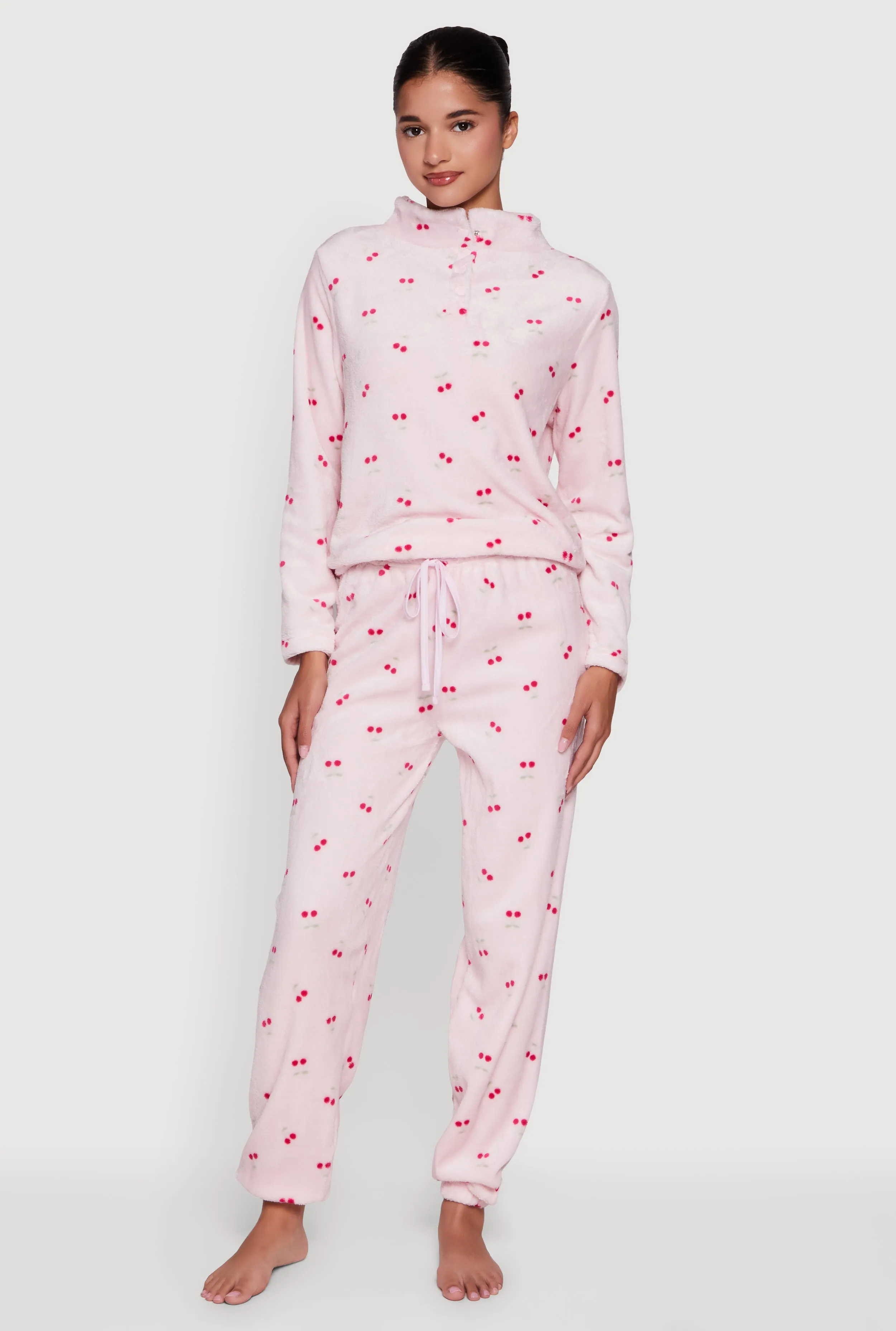 Cherry Print Plush Funnel Neck Pajama Top and Pants Set sold by Rainbow