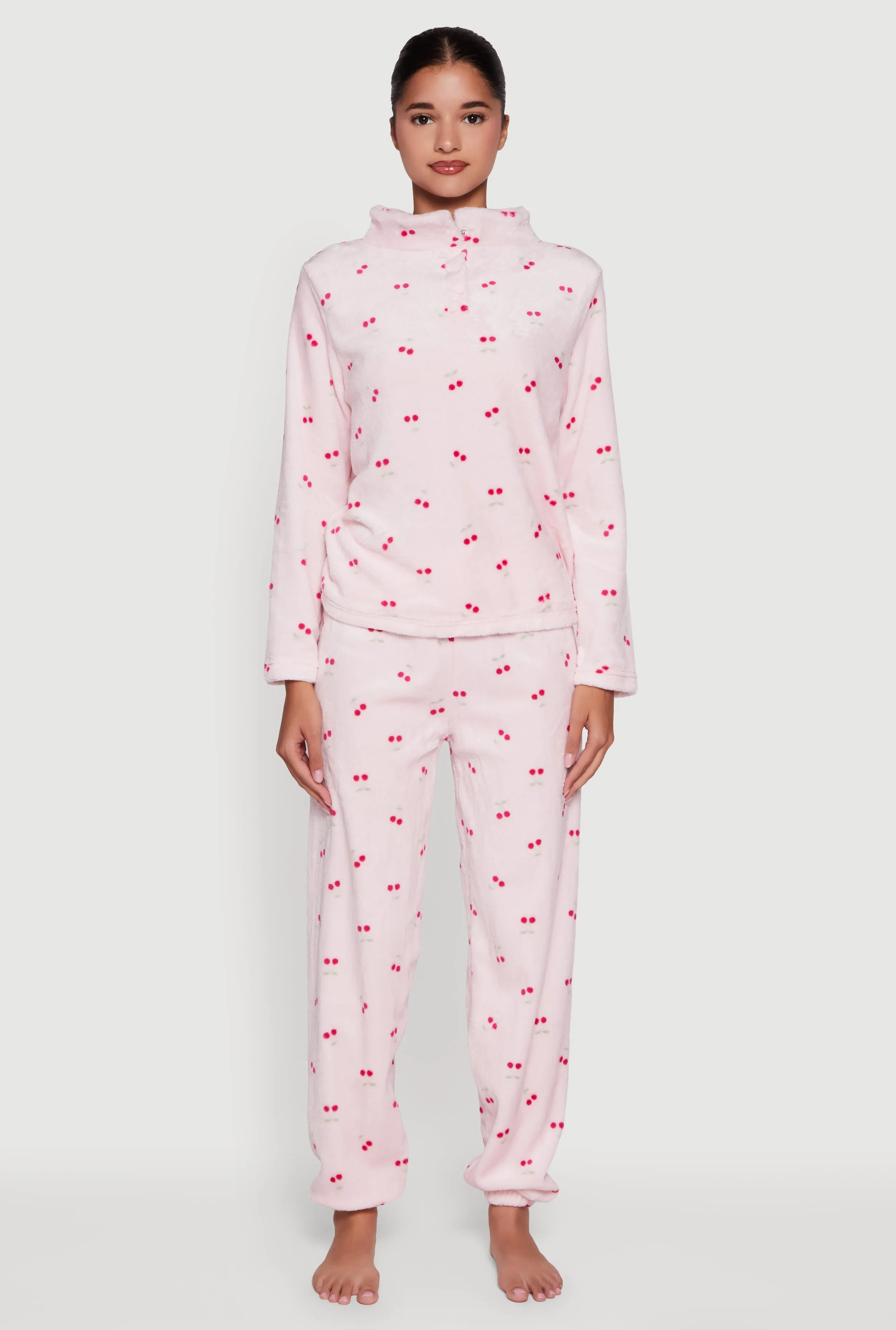 Cherry Print Plush Funnel Neck Pajama Top and Pants Set sold by Rainbow product image thumbnail 2