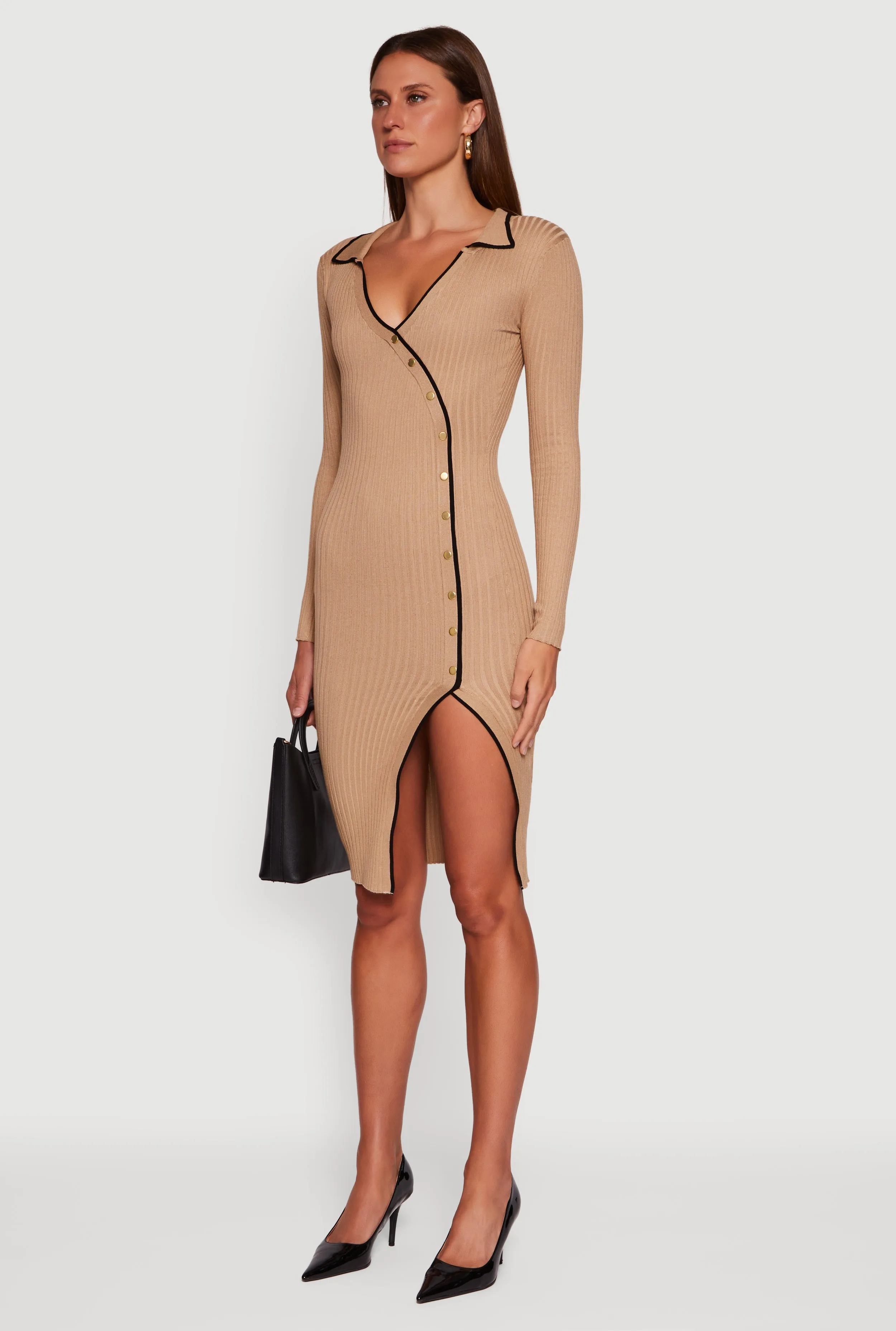 Contrast Trim Ribbed Knit Long Sleeve Sweater Dress sold by Rainbow product image thumbnail 3