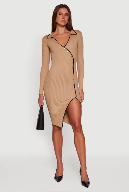 Contrast Trim Ribbed Knit Long Sleeve Sweater Dress sold by Rainbow