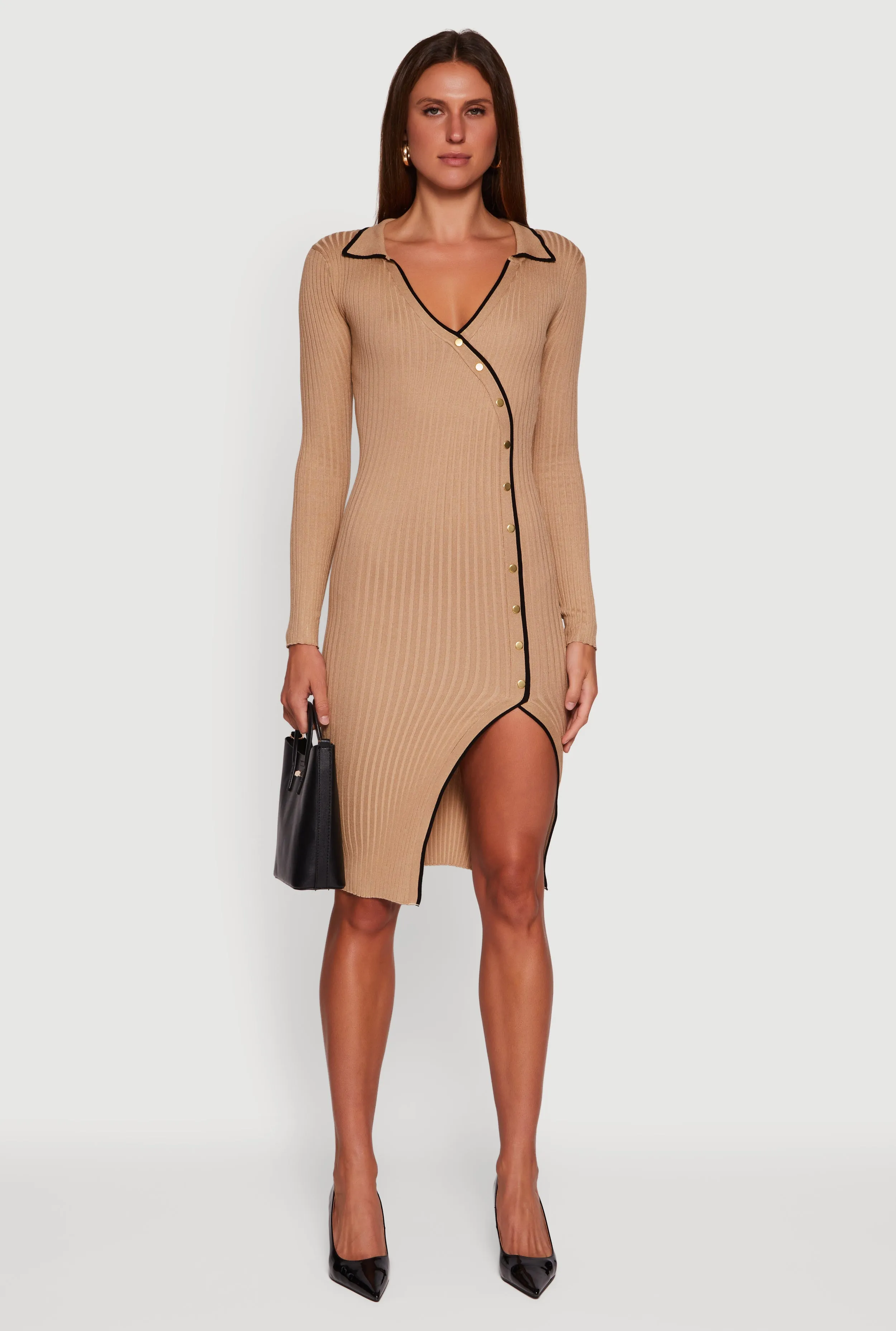 Contrast Trim Ribbed Knit Long Sleeve Sweater Dress sold by Rainbow product image thumbnail 2