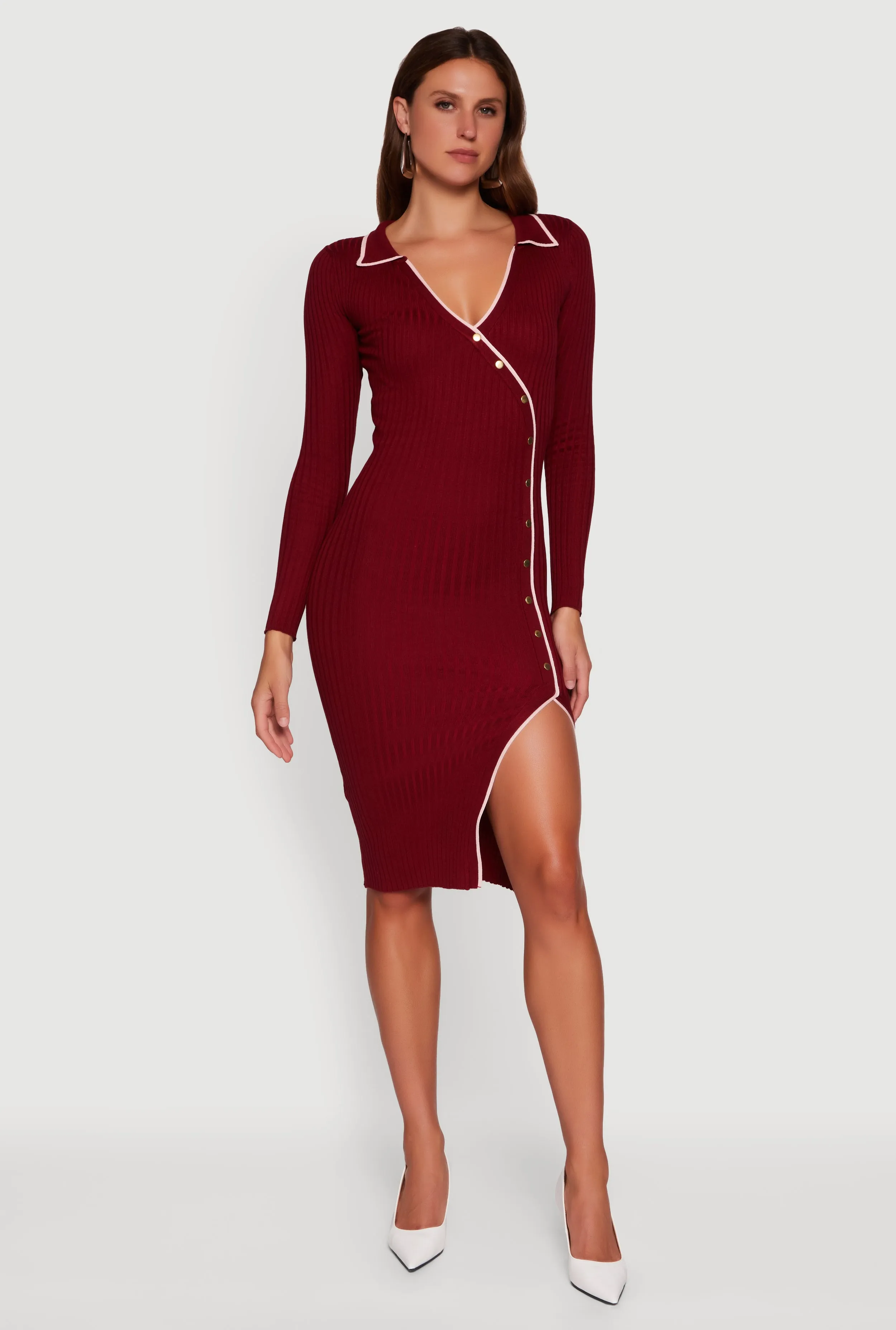 Contrast Trim Ribbed Knit Long Sleeve Sweater Dress sold by Rainbow