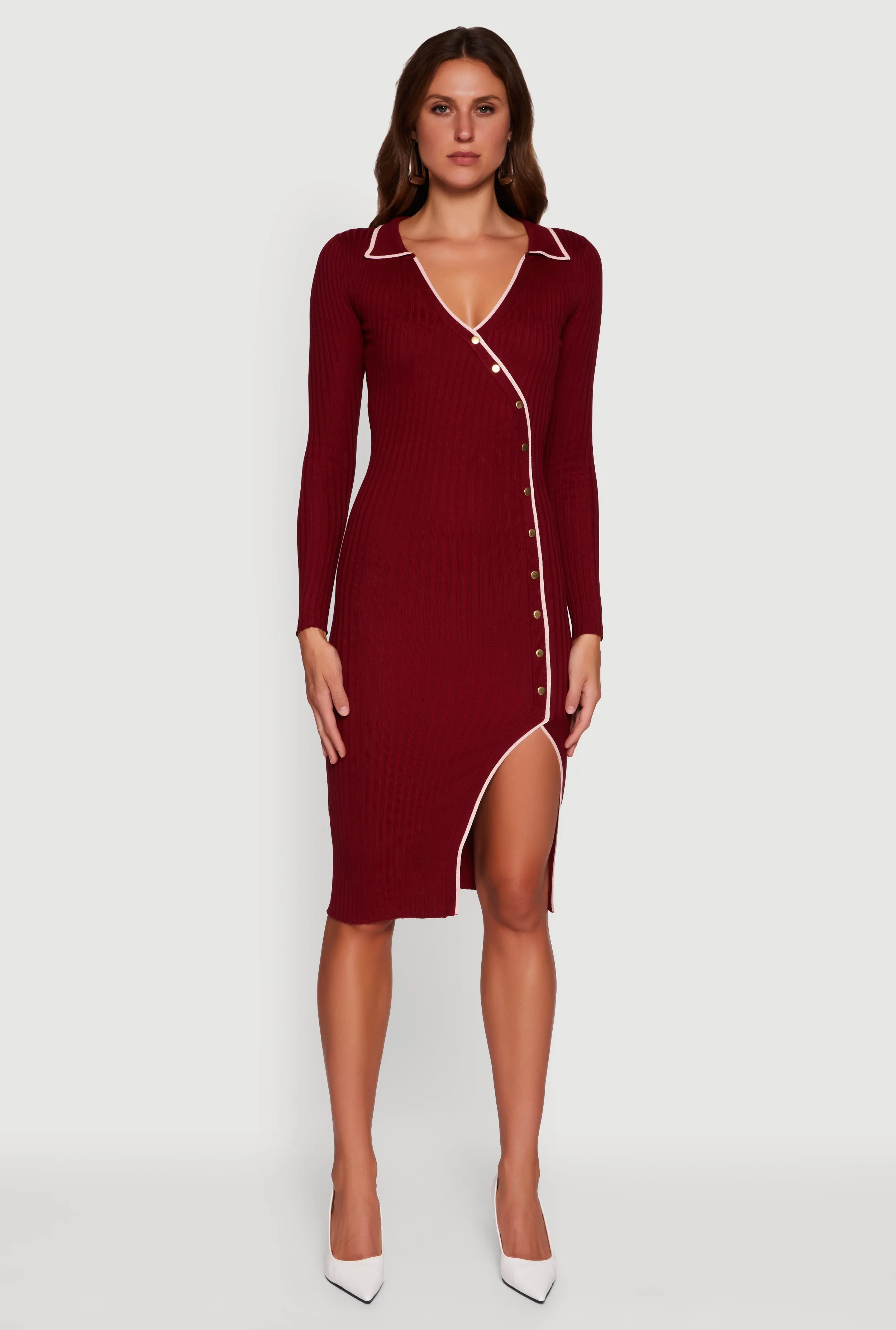 Contrast Trim Ribbed Knit Long Sleeve Sweater Dress sold by Rainbow product image thumbnail 2