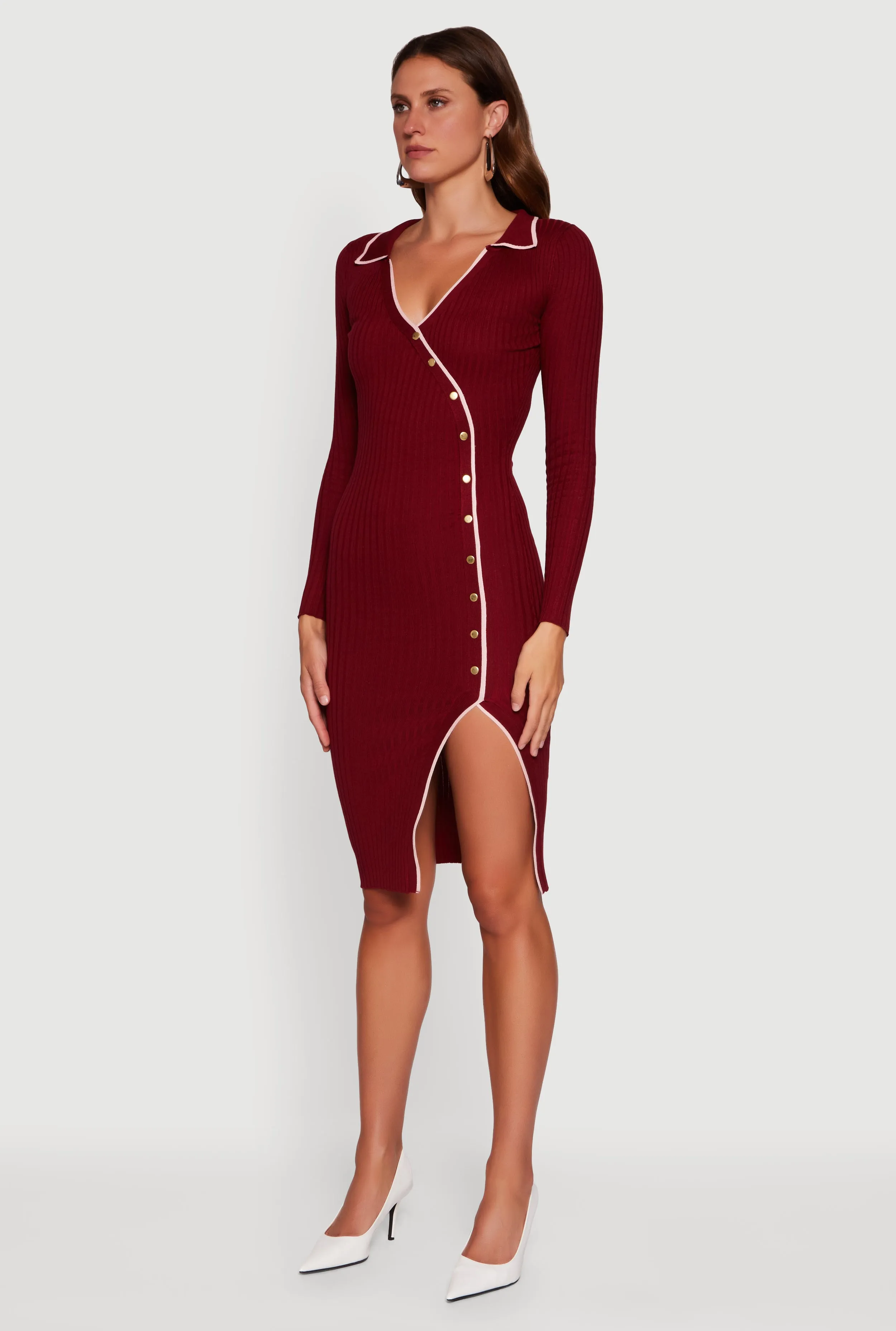 Contrast Trim Ribbed Knit Long Sleeve Sweater Dress sold by Rainbow product image thumbnail 3