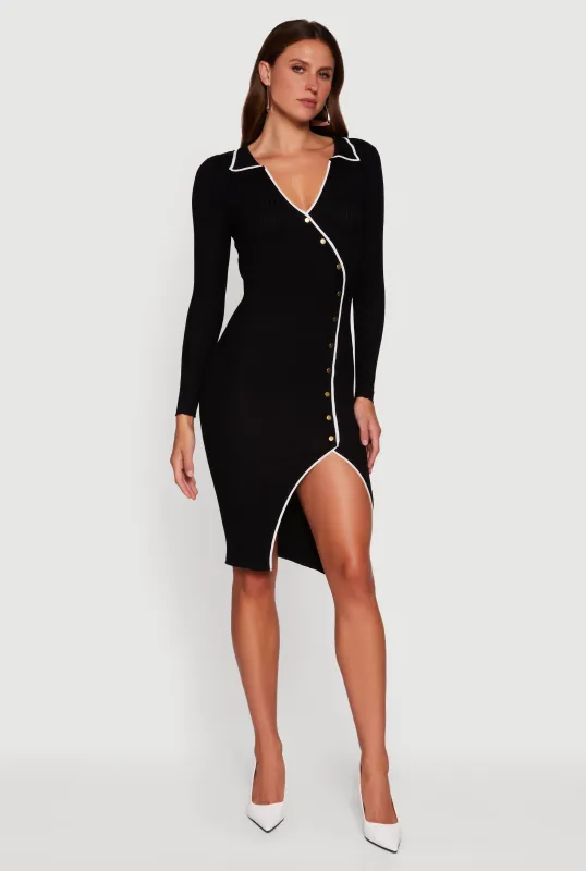 Contrast Trim Ribbed Knit Long Sleeve Sweater Dress sold by Rainbow