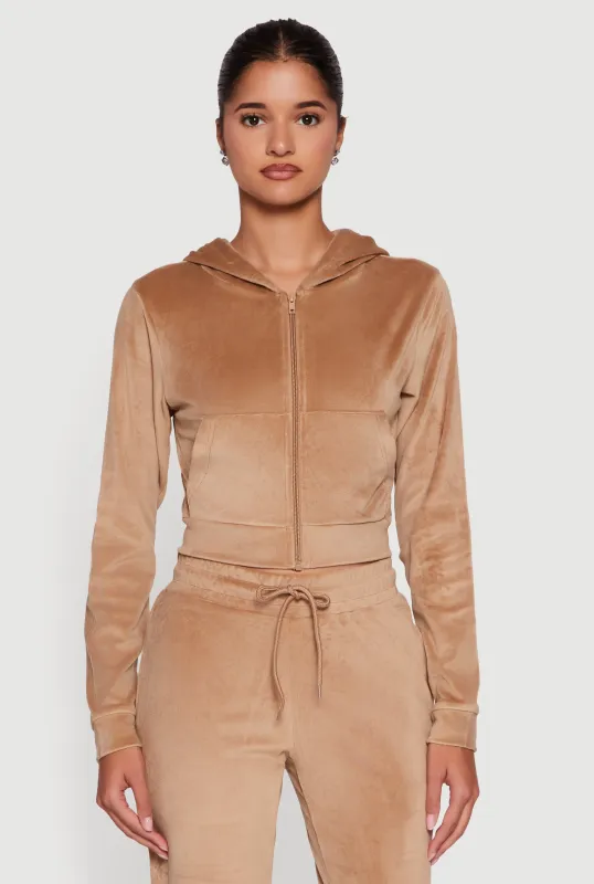 Velour Long Sleeve Cropped Zip Front Hoodie sold by Rainbow
