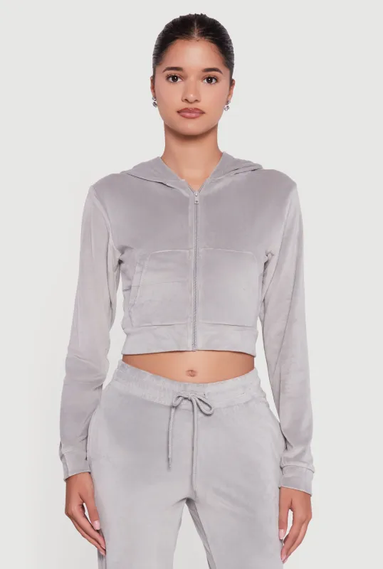 Velour Long Sleeve Cropped Zip Front Hoodie sold by Rainbow