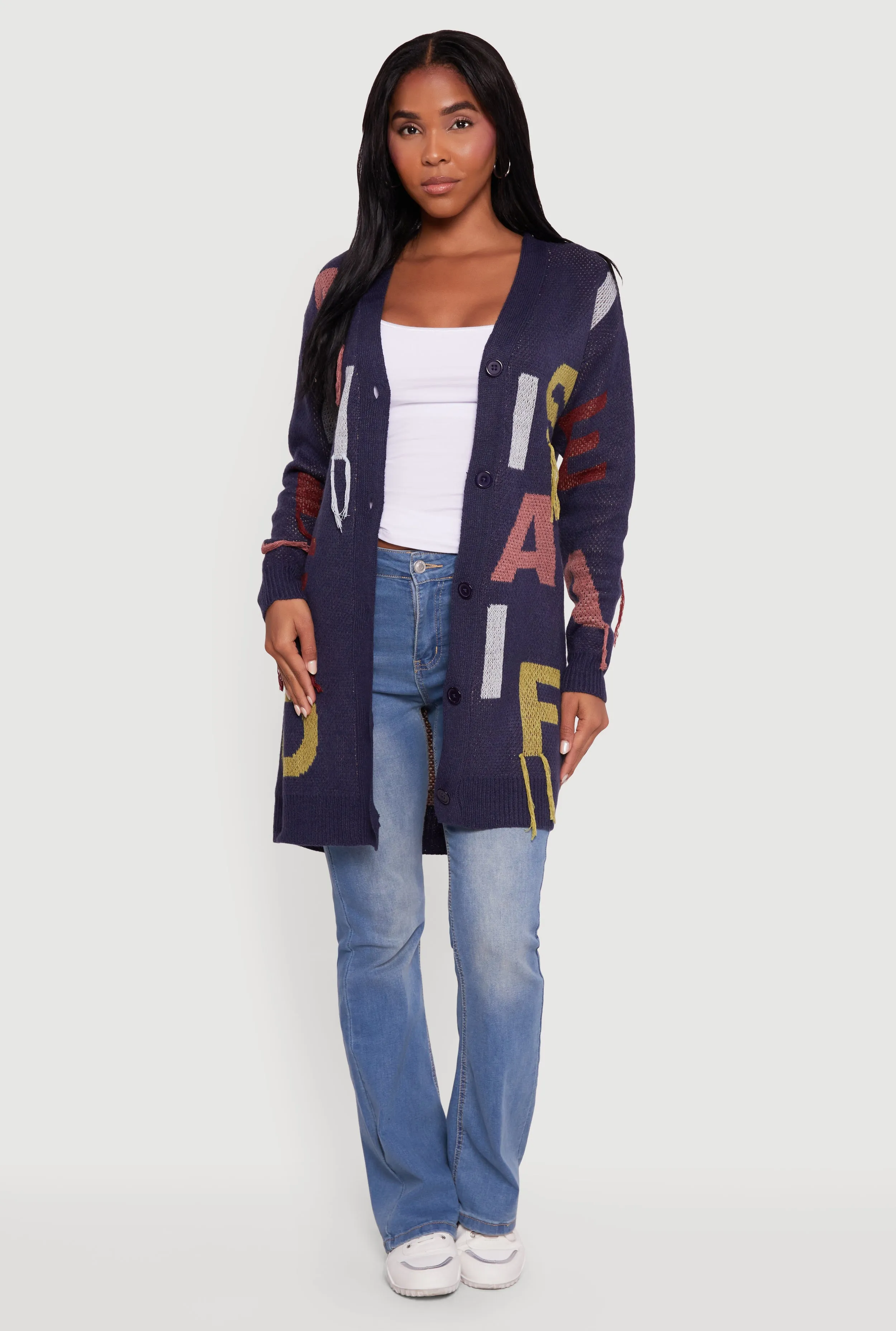 Button Front Alphabet Print Long Sleeve Cardigan sold by Rainbow