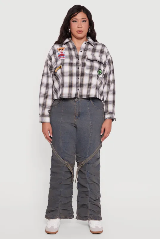 Plus Size Plaid Flannel Patch Detail Cropped Shirt sold by Rainbow