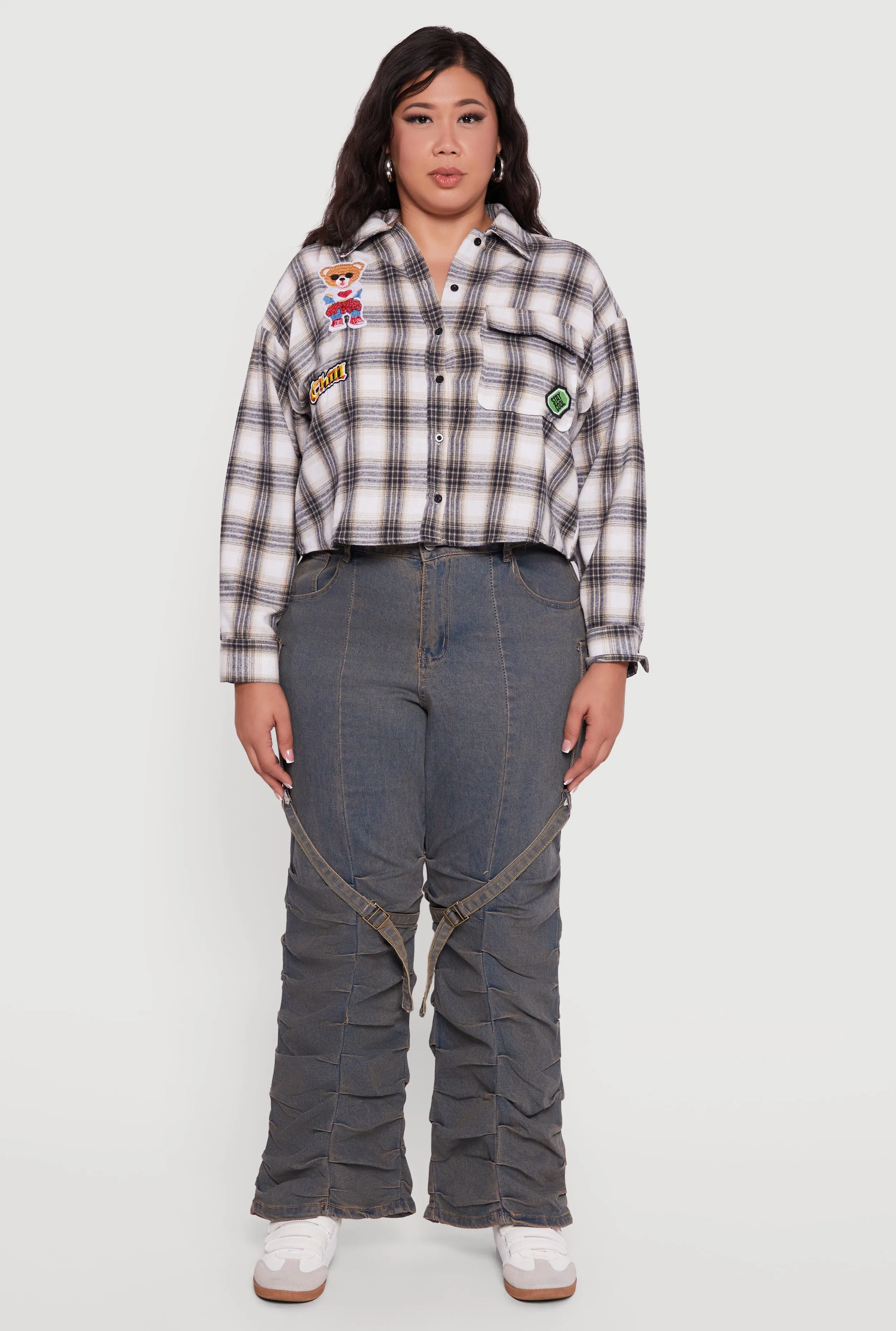 Plus Size Plaid Flannel Patch Detail Cropped Shirt sold by Rainbow