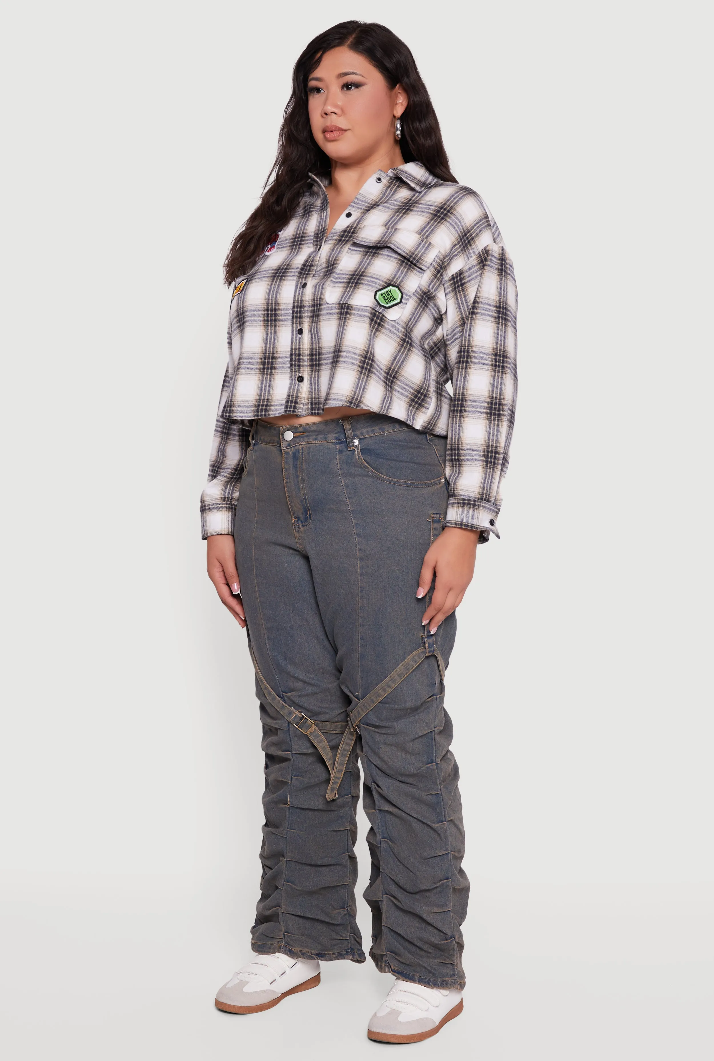 Plus Size Plaid Flannel Patch Detail Cropped Shirt sold by Rainbow product image thumbnail 5
