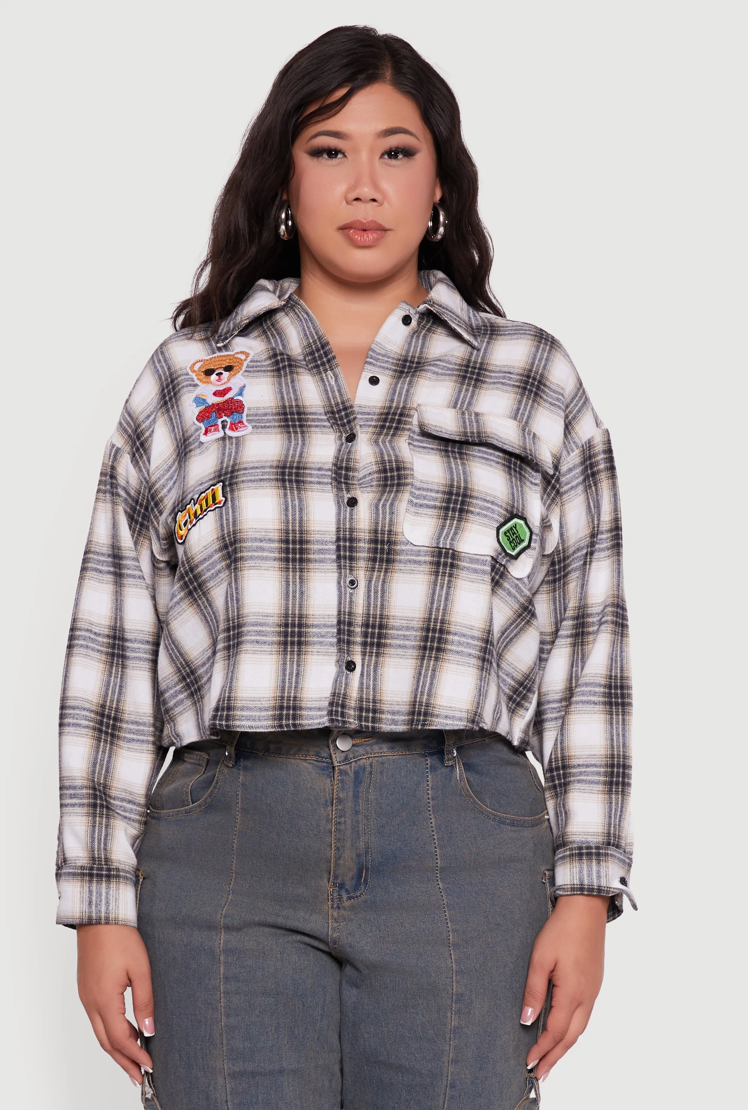 Plus Size Plaid Flannel Patch Detail Cropped Shirt sold by Rainbow product image thumbnail 2