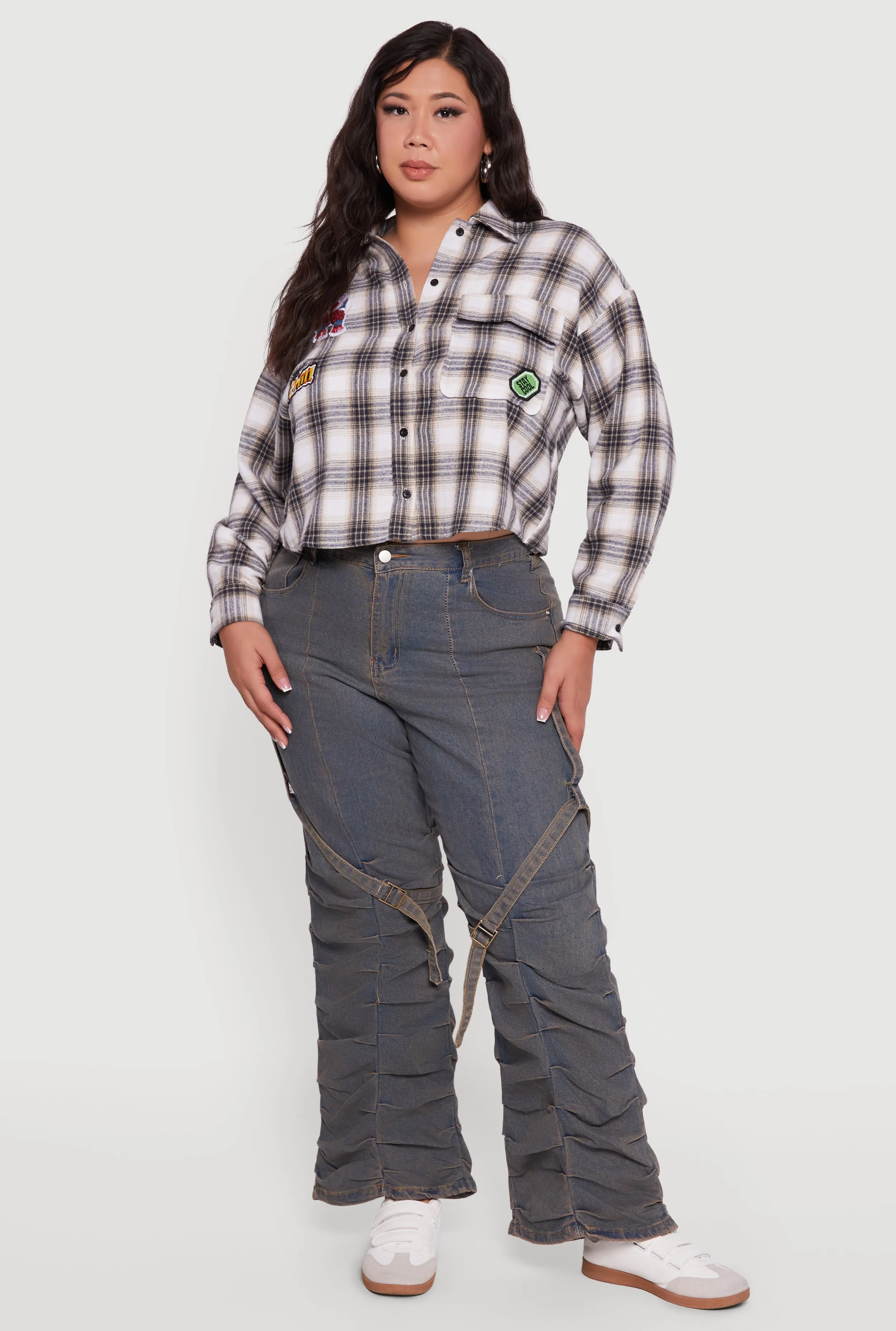 Plus Size Plaid Flannel Patch Detail Cropped Shirt sold by Rainbow product image thumbnail 3