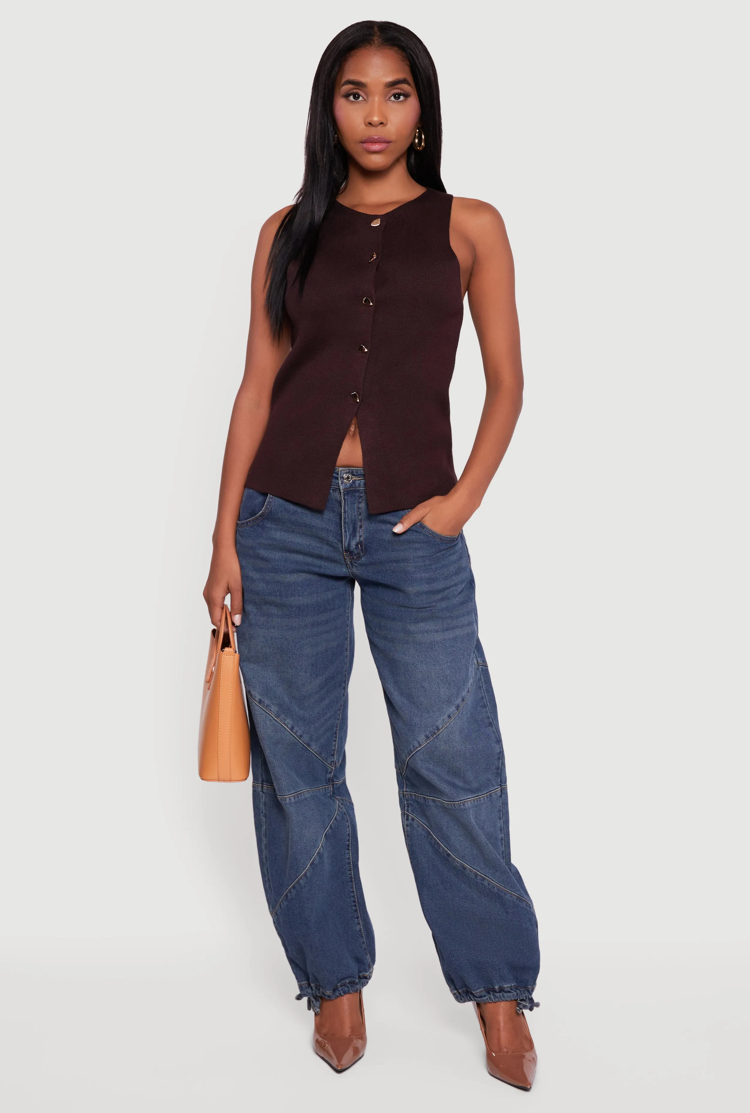 Metallic Button Front Sleeveless Sweater sold by Rainbow