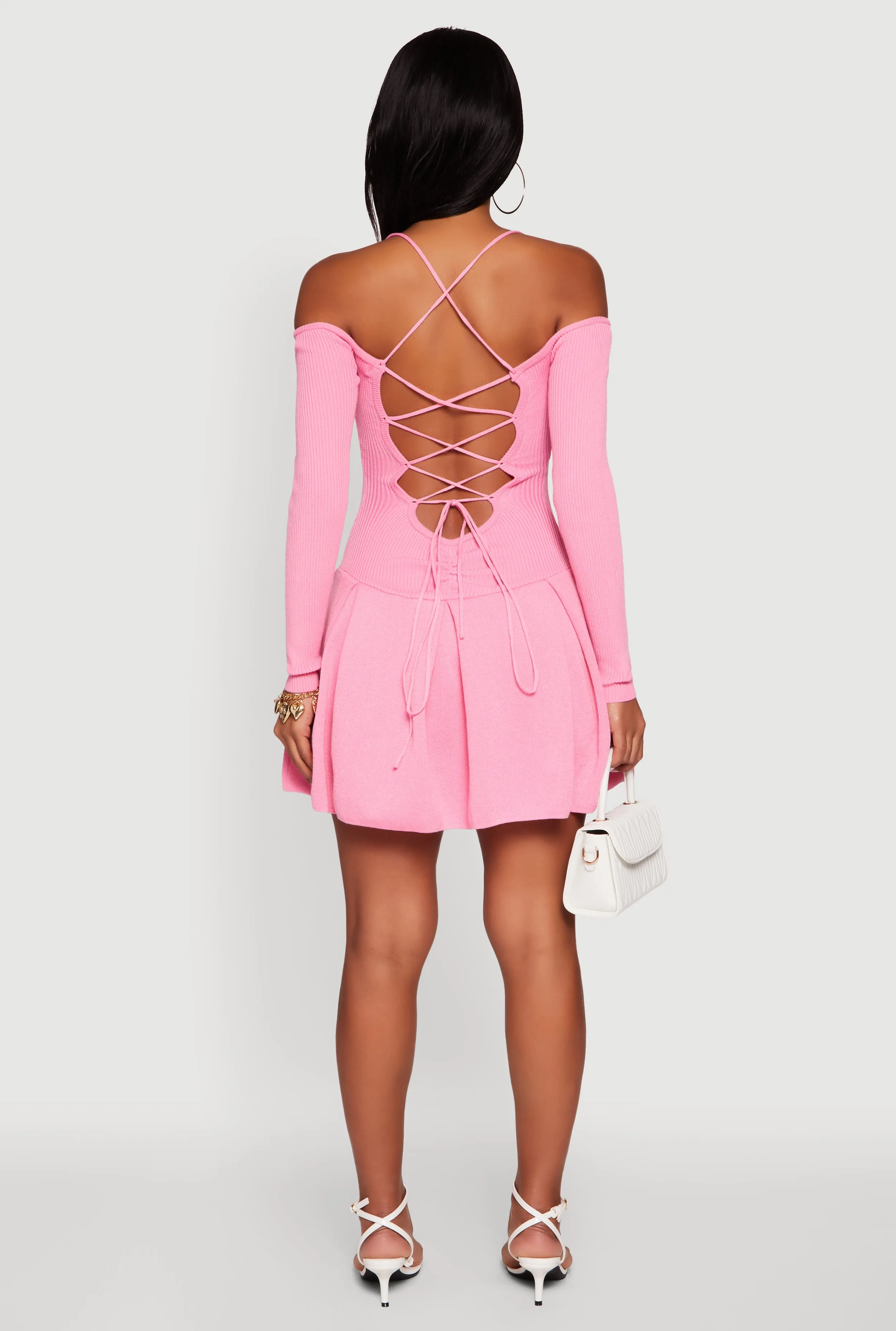 Ribbed Knit Lace Up Back Pleated Sweater Dress sold by Rainbow product image thumbnail 5