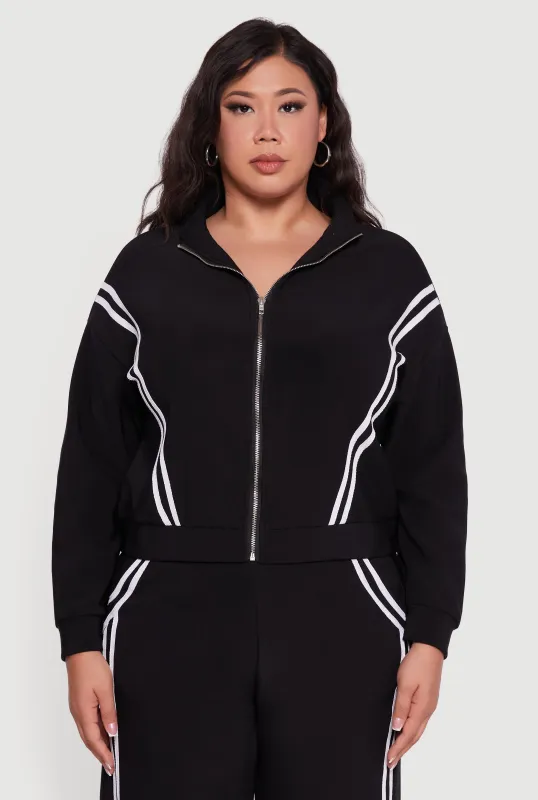 Plus Size Mock Neck Varsity Stripe Detail Track Jacket sold by Rainbow