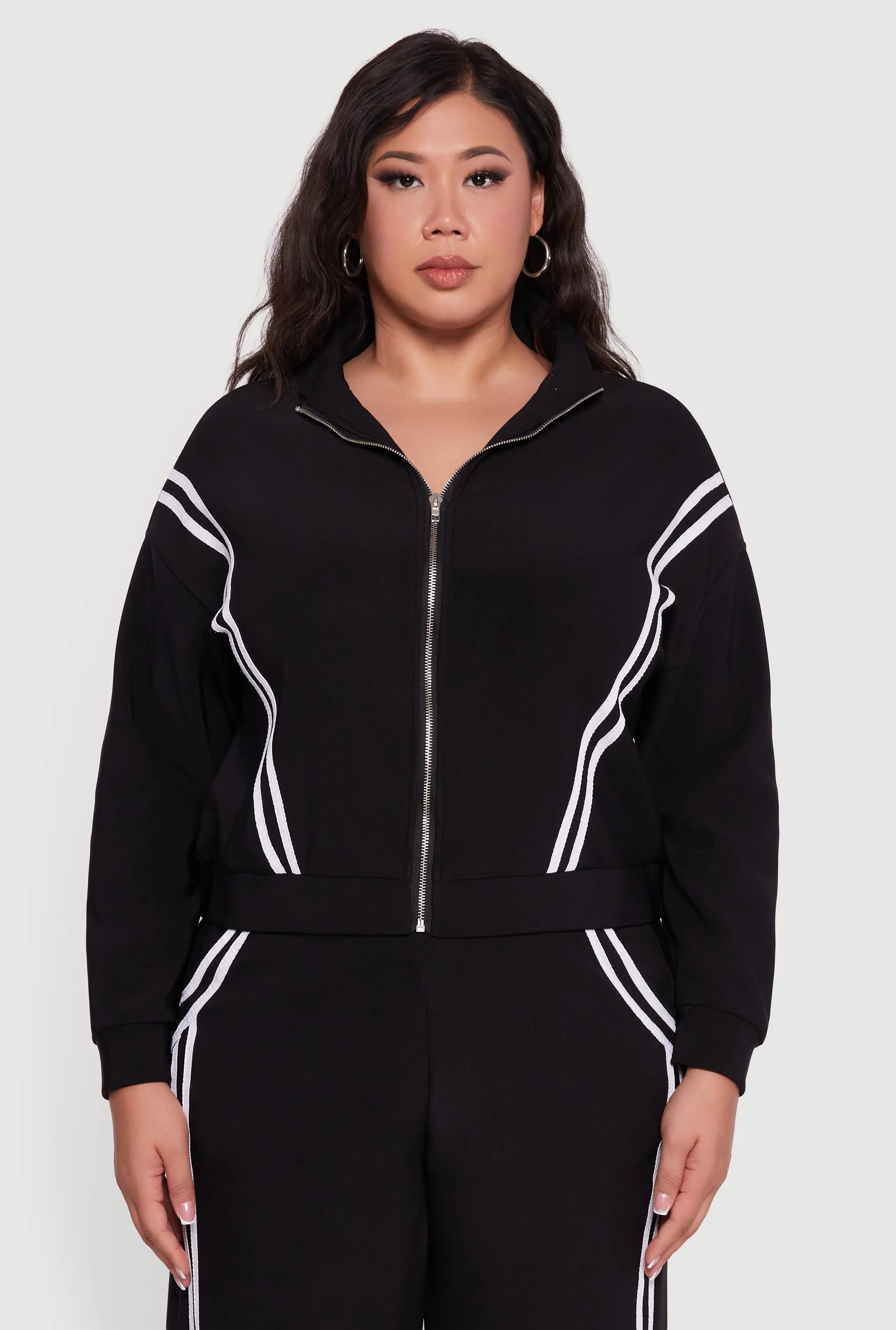 Plus Size Mock Neck Varsity Stripe Detail Track Jacket sold by Rainbow