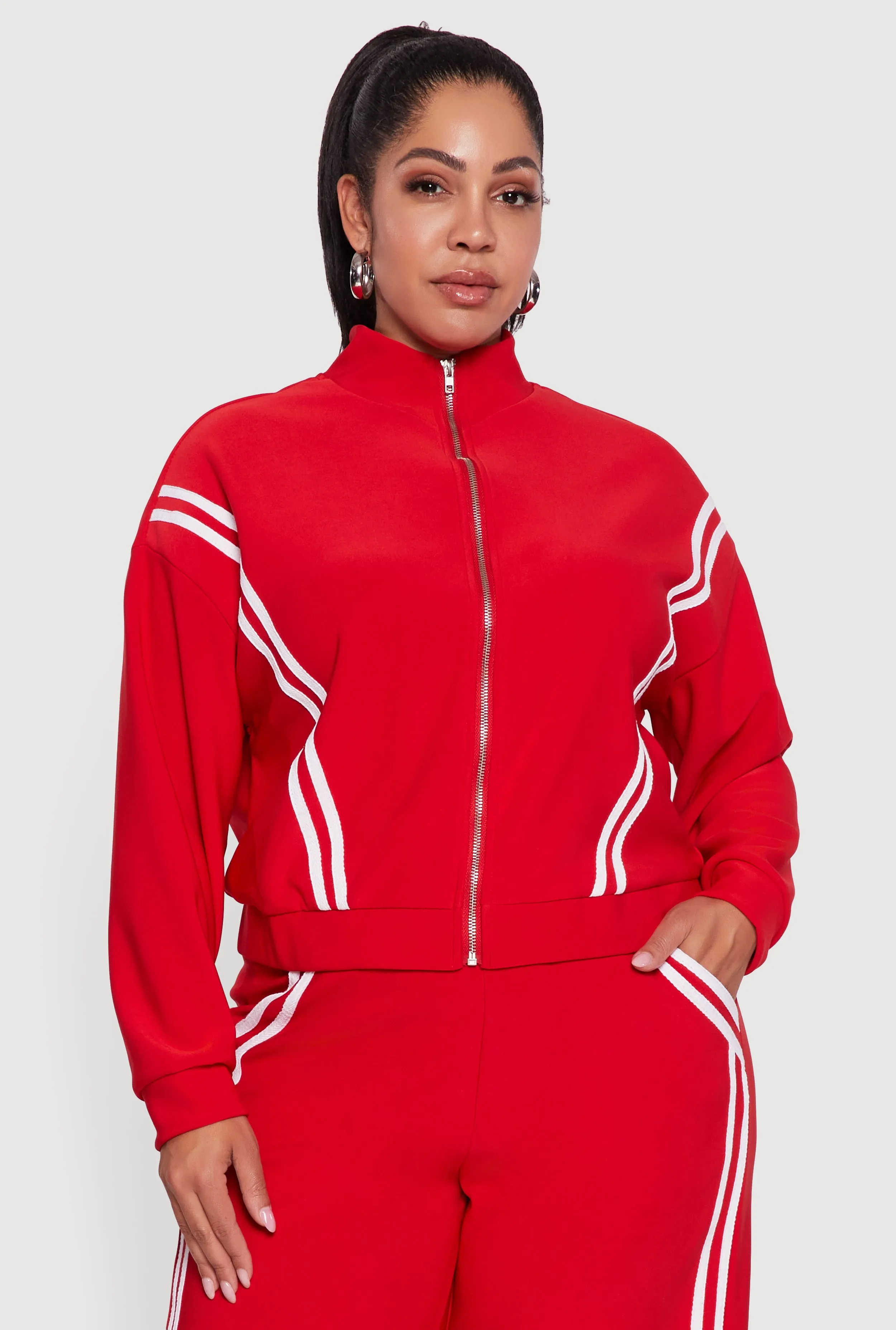 Plus Size Mock Neck Varsity Stripe Detail Track Jacket sold by Rainbow product image thumbnail 2