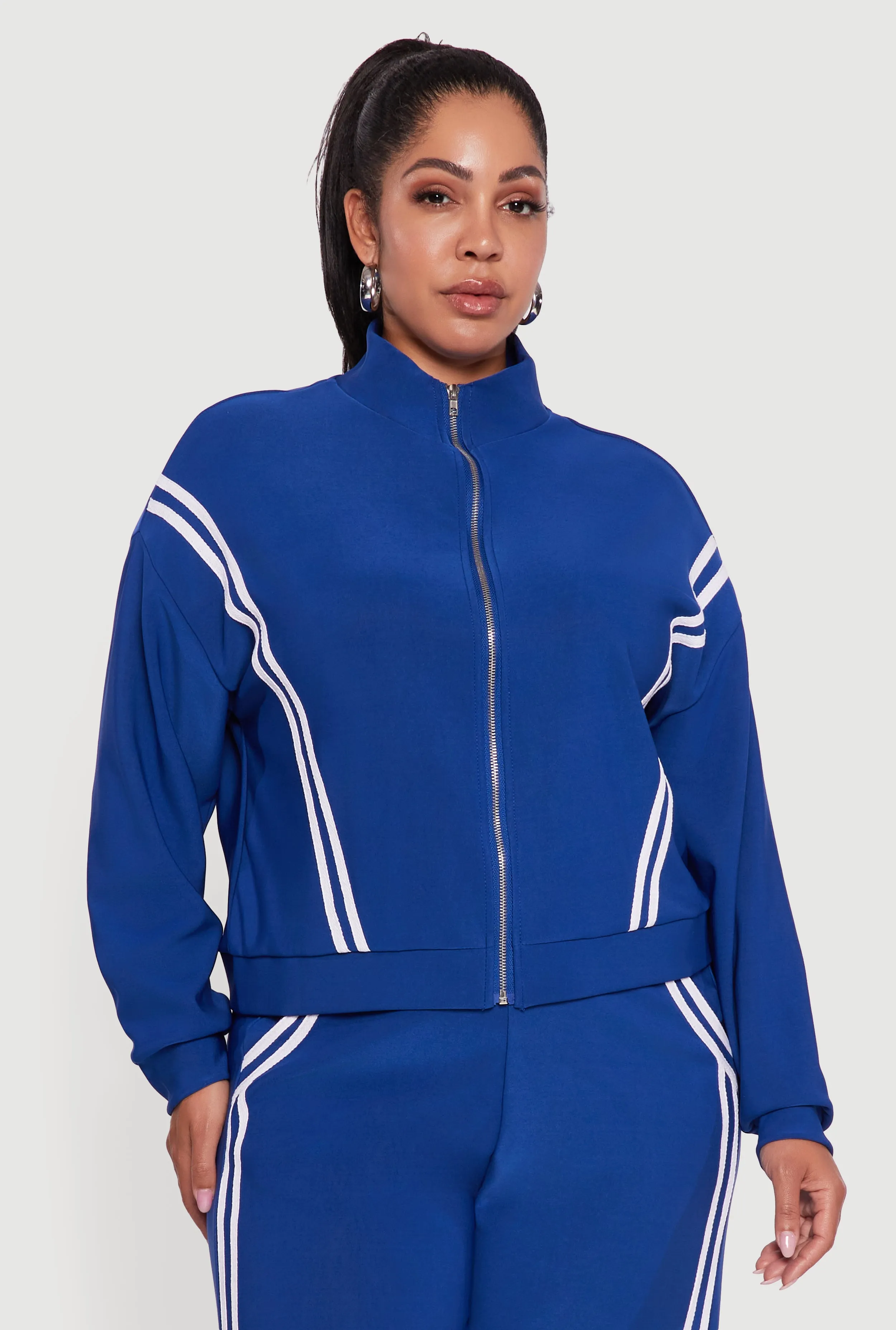 Plus Size Mock Neck Varsity Stripe Detail Track Jacket sold by Rainbow product image thumbnail 3