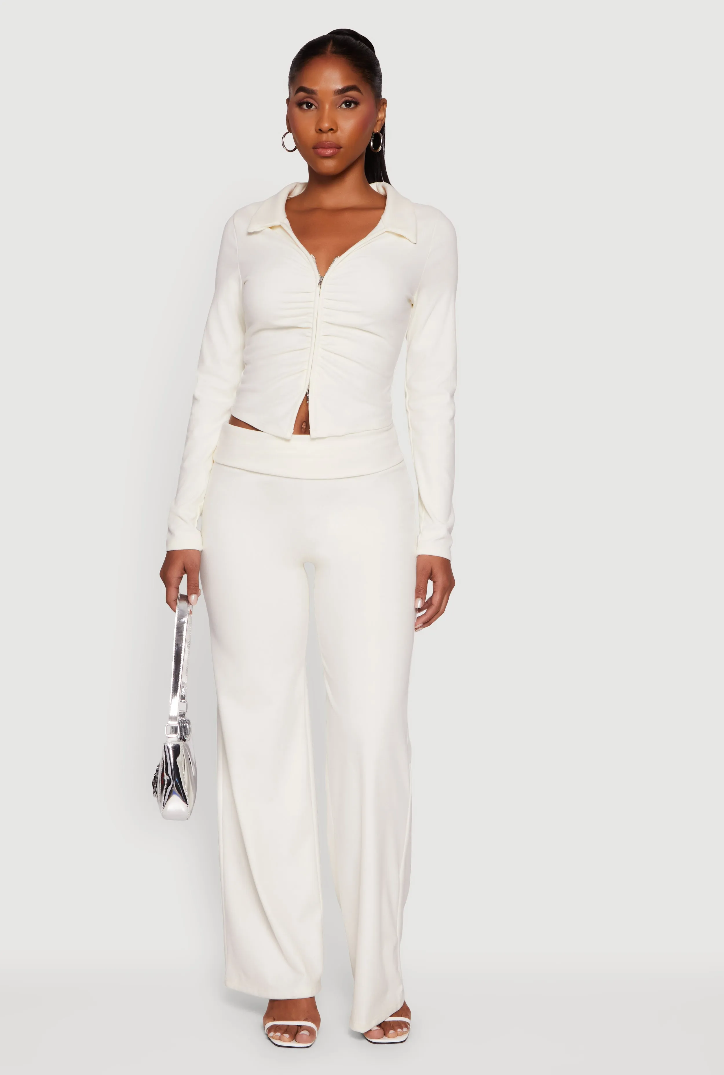 Brushed Rib Knit Ruched Double Zip Front Crop Top sold by Rainbow product image thumbnail 3