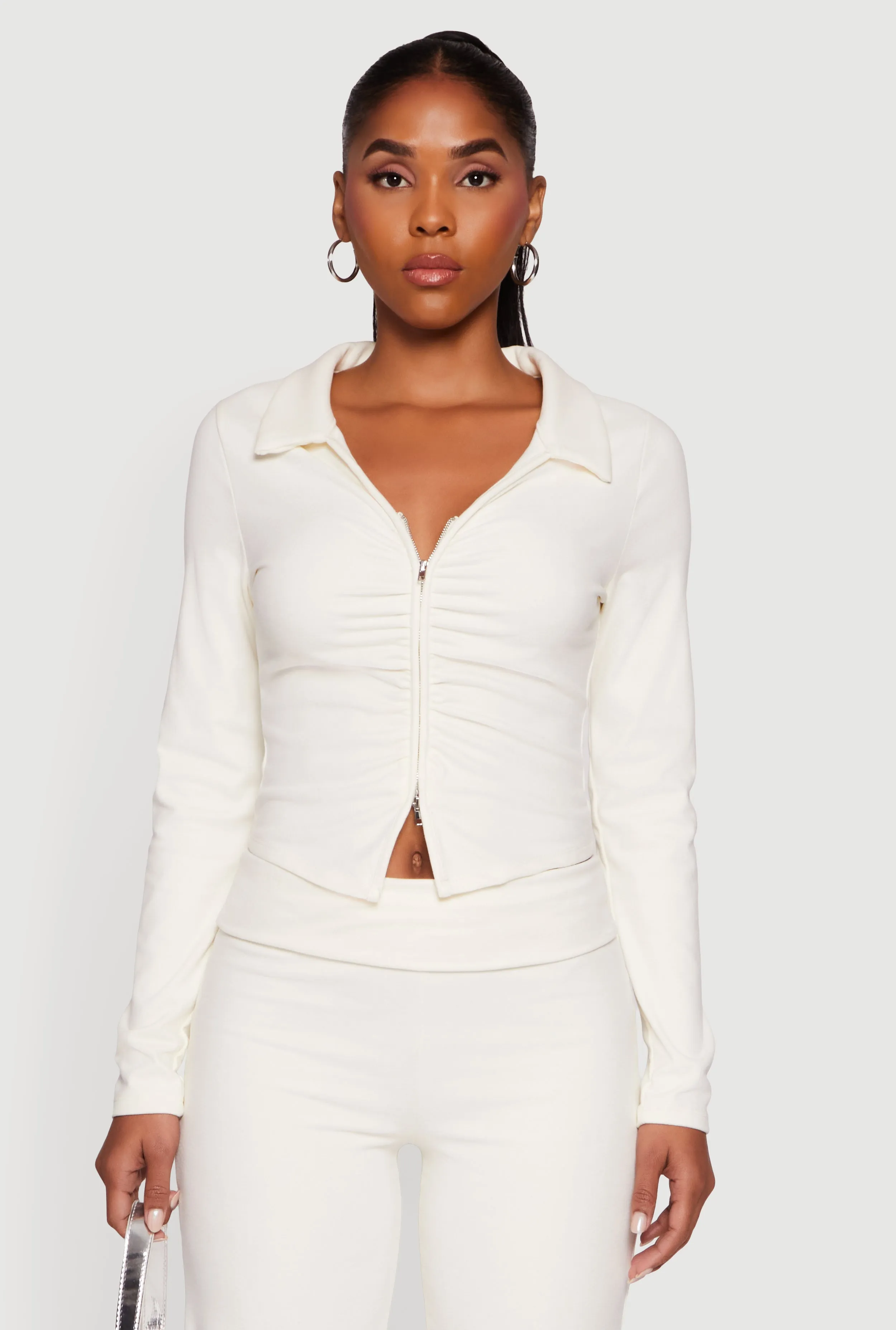 Brushed Rib Knit Ruched Double Zip Front Crop Top sold by Rainbow