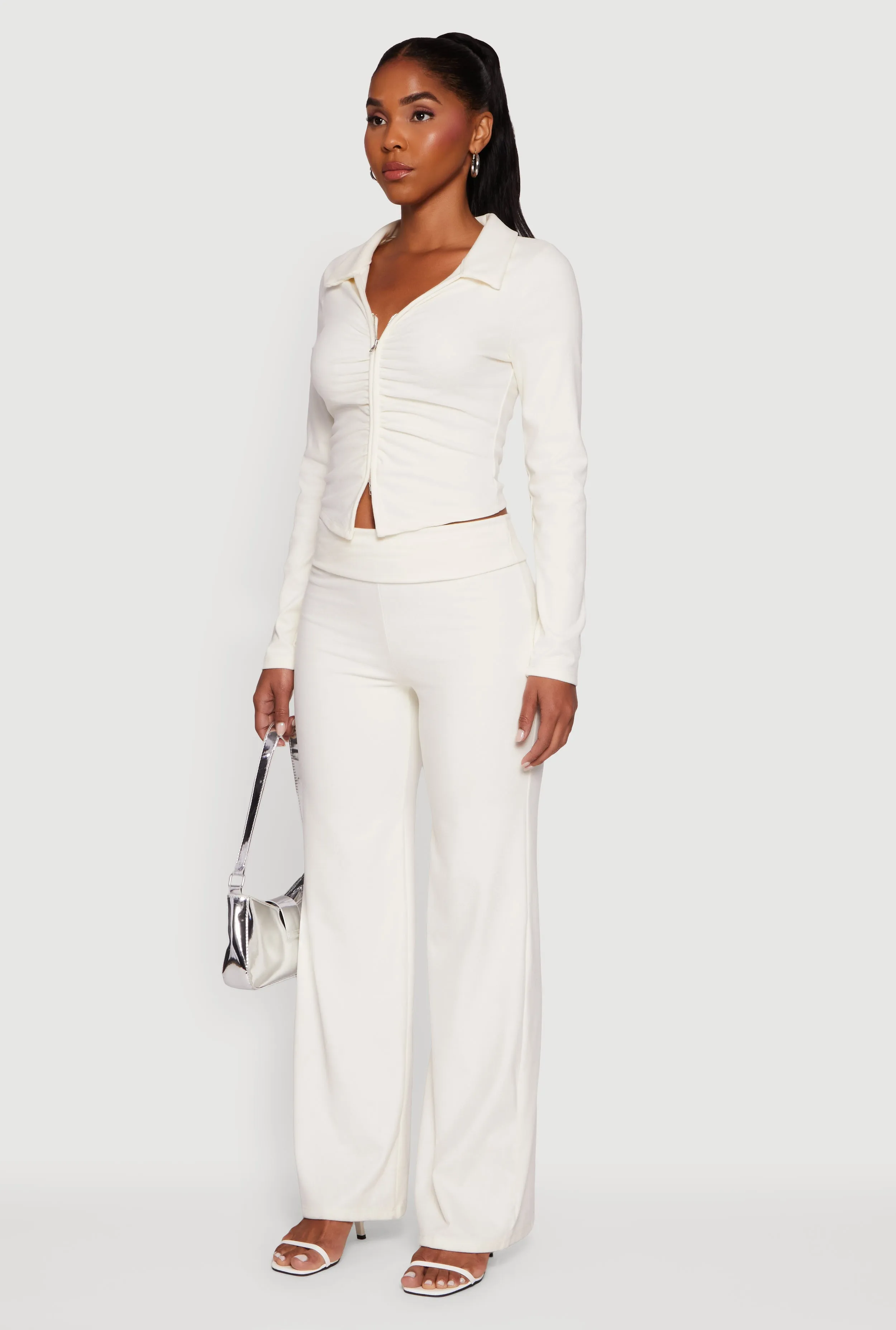 Brushed Rib Knit Ruched Double Zip Front Crop Top sold by Rainbow product image thumbnail 5