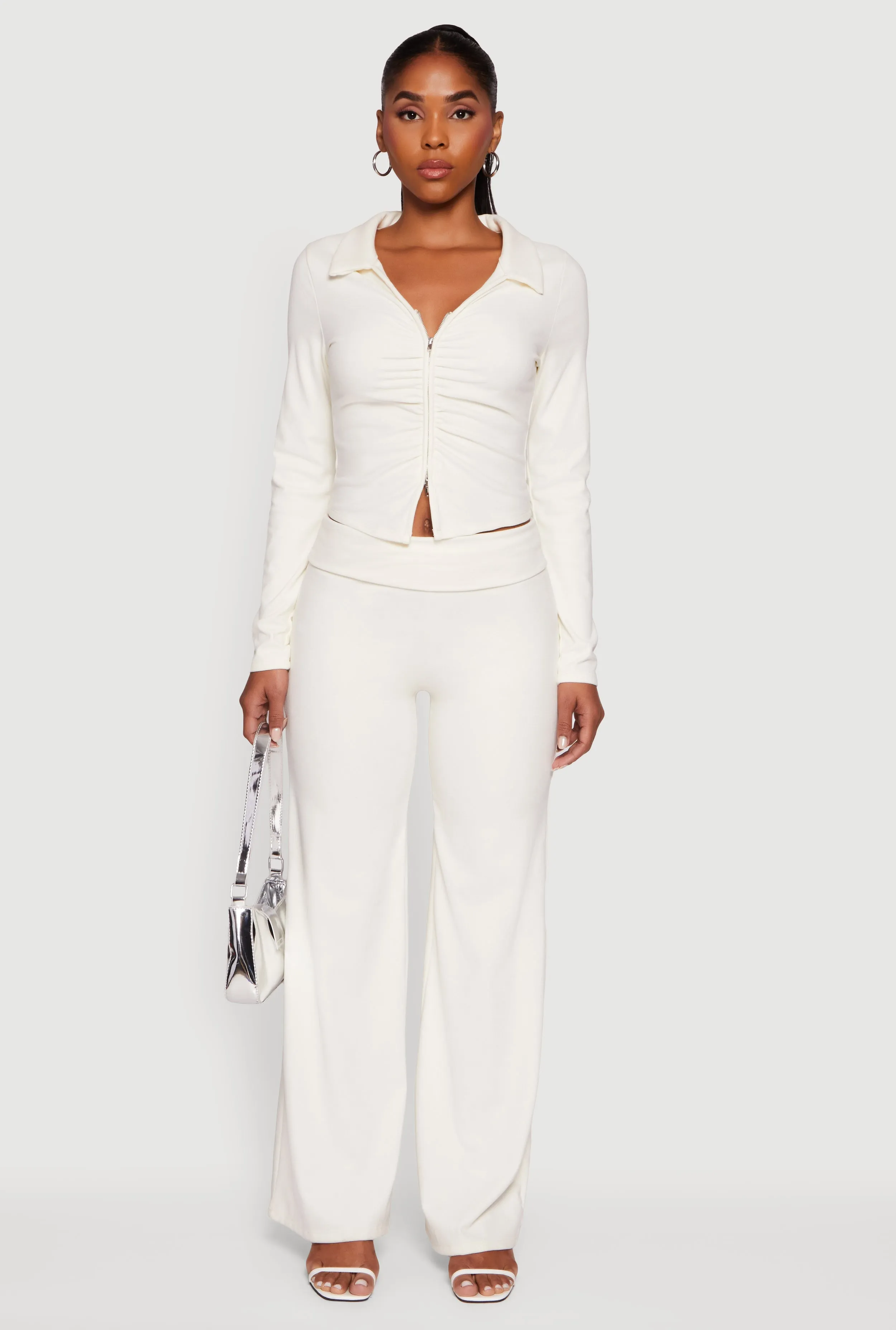 Brushed Rib Knit Ruched Double Zip Front Crop Top sold by Rainbow product image thumbnail 2