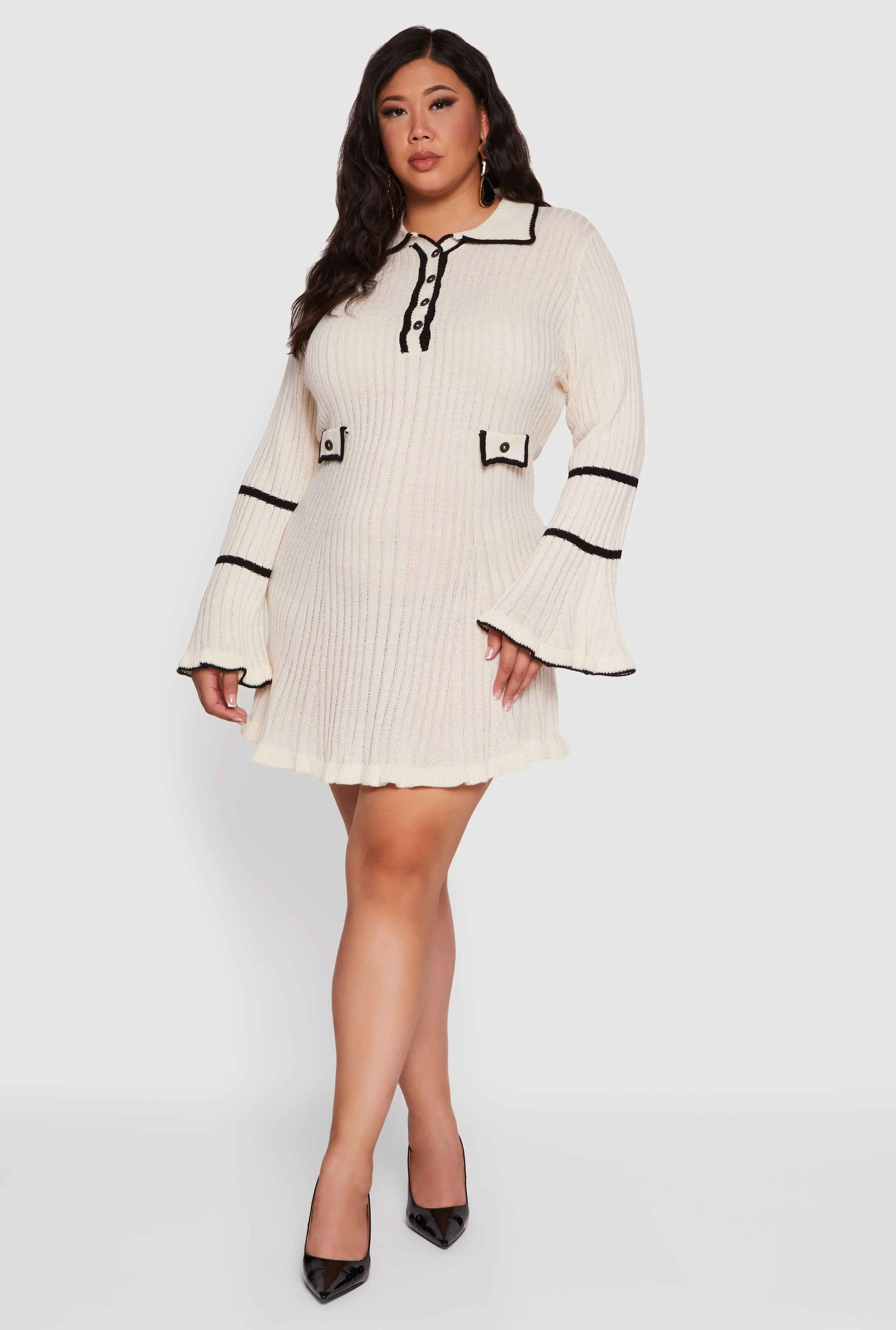 Plus Size Rib Knit Contrast Trim Polo Sweater Dress sold by Rainbow product image thumbnail 2
