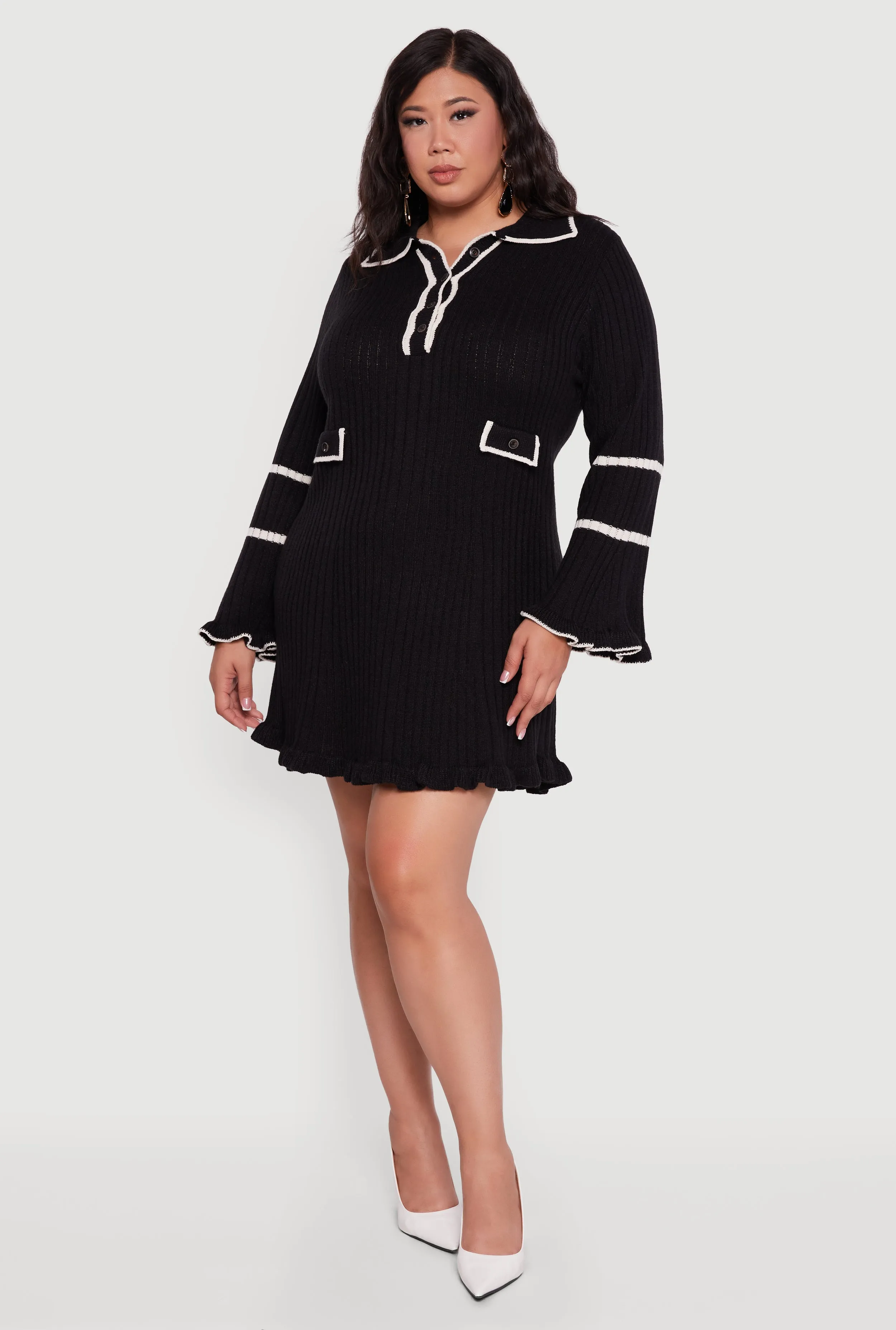 Plus Size Rib Knit Contrast Trim Polo Sweater Dress sold by Rainbow